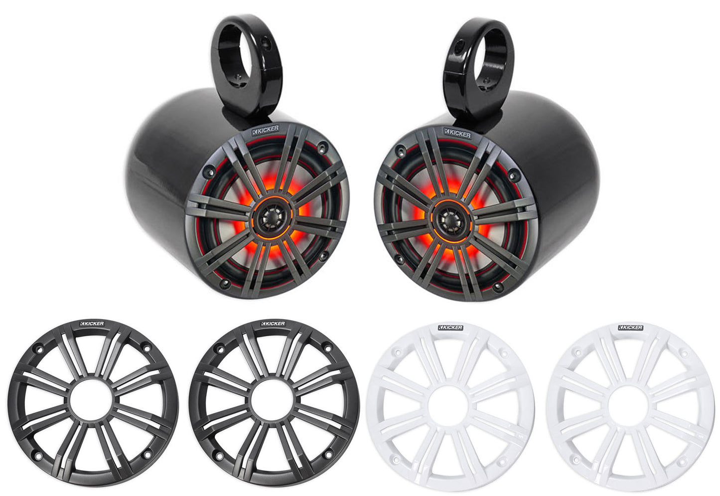 Pair KICKER 45KM654L 6.5" 390w Black Marine Wakeboard Tower LED Boat Speakers
