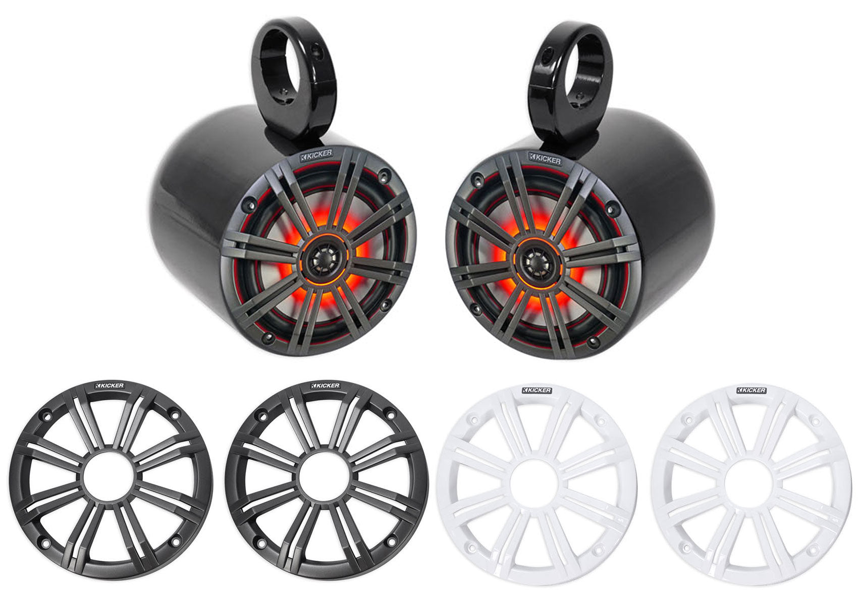 Pair KICKER 45KM654L 6.5" 390w Black Marine Wakeboard Tower LED Boat Speakers