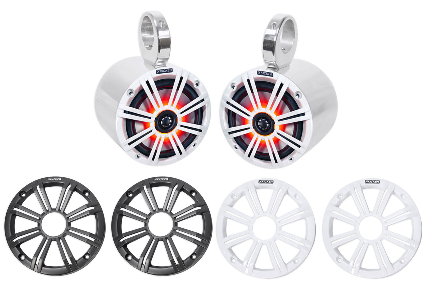 Pair KICKER 45KM654L 6.5" 390w Silver Marine Wakeboard Tower LED Boat Speakers