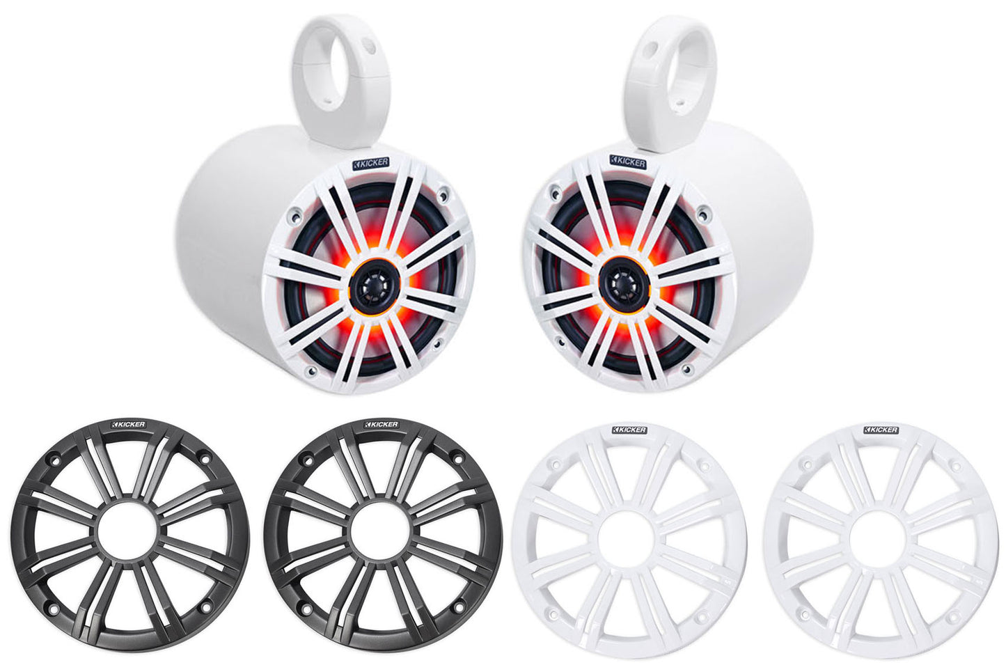 Pair KICKER 45KM654L 6.5" 390w White Marine Wakeboard Tower LED Boat Speakers