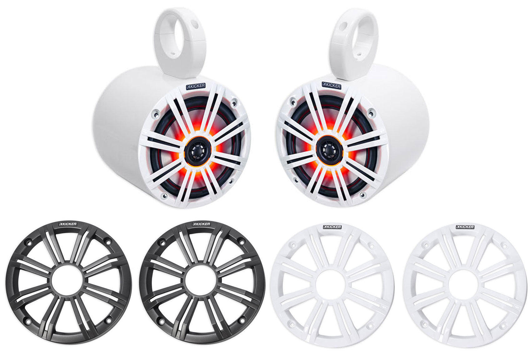 Pair KICKER 45KM654L 6.5" 390w White Marine Wakeboard Tower LED Boat Speakers