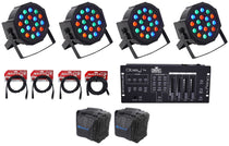 (4) FARENHEIT FHB-118 LED RGB DMX LED PAR Can Wash Lights+Controller+Cables+Bag