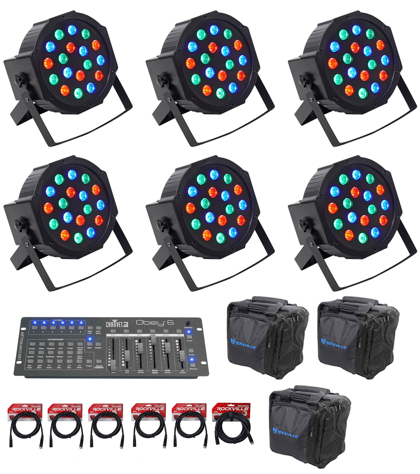 6 Rockville RockPAR50 LED RGB DMX PAR Can Wash Lights+Controller+Cables and Bags