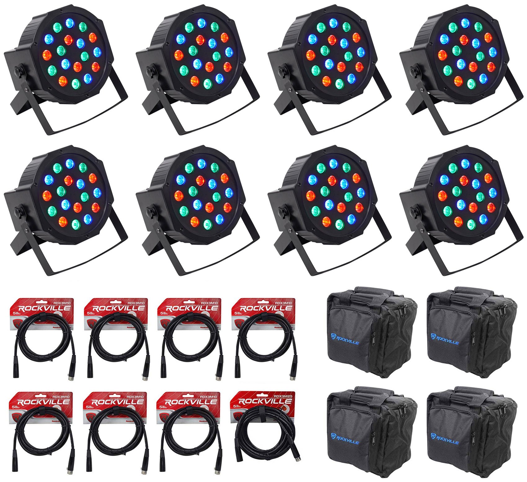 RockPAR50 Black 8-Pack + DMX Cables & Travel Bags Bundle