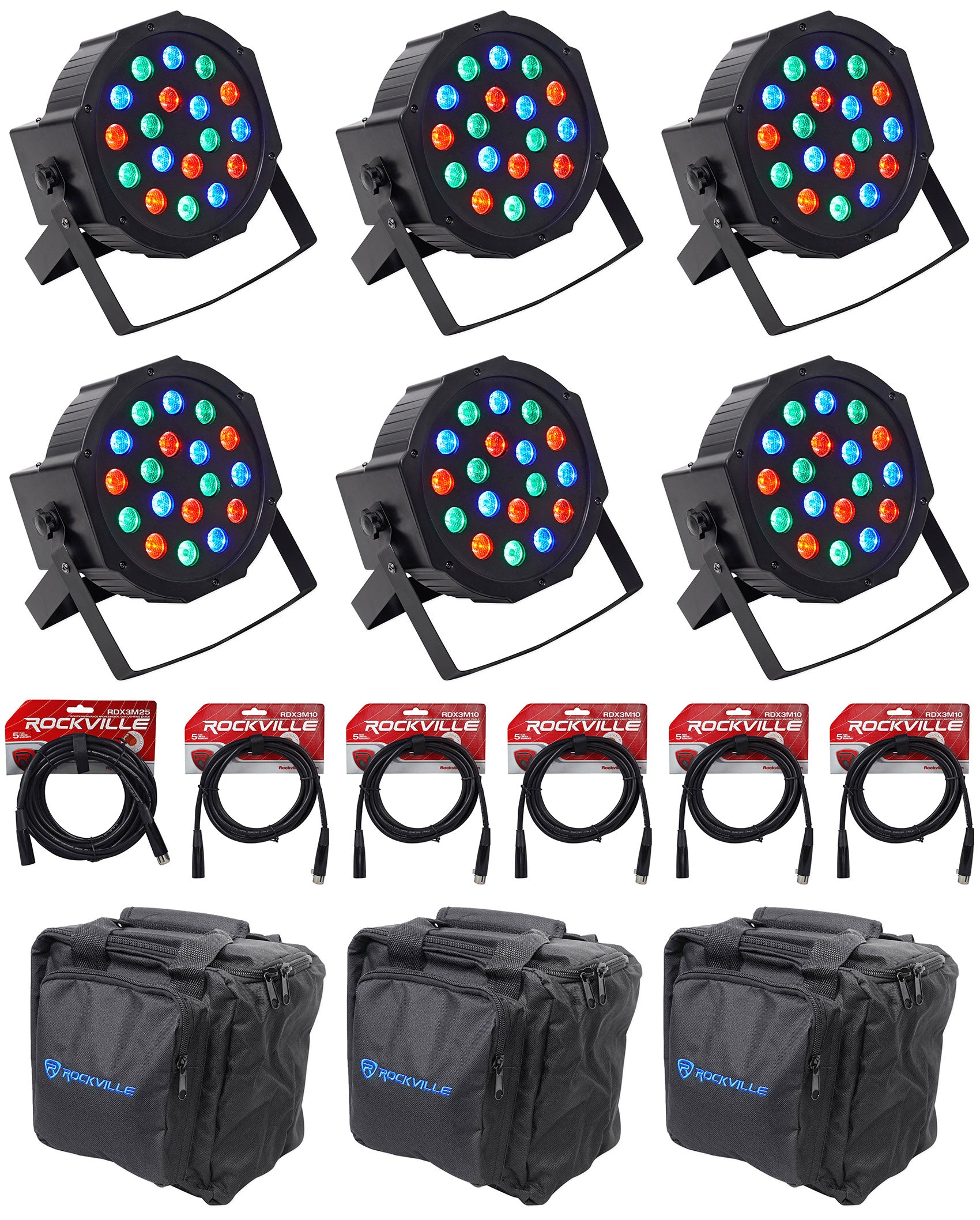 RockPAR50 Black 6-Pack + DMX Cables & Travel Bags Bundle