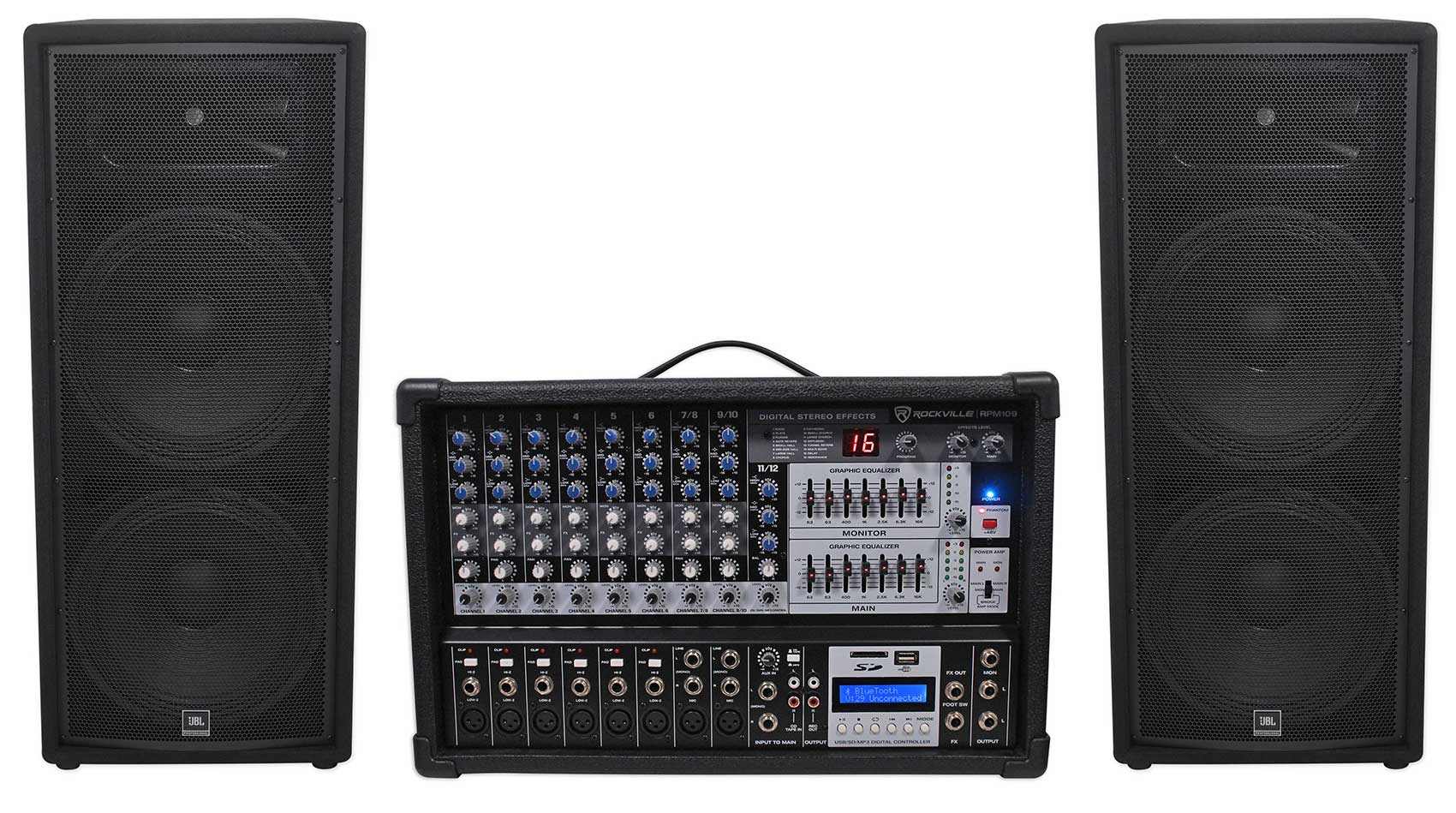 (2) JBL JRX225 Dual 15" 4000w DJ/PA Speakers+Powered 12-Ch. Mixer w/ 7 Band EQ