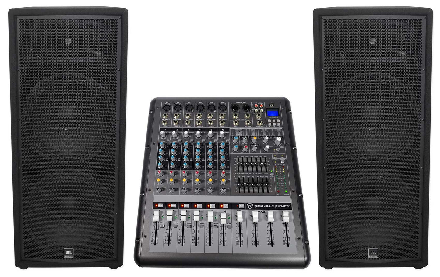 JBL JRX225 Dual 15" 4000w DJ/PA Speakers+Powered 8-Channel Mixer w/USB/Effects
