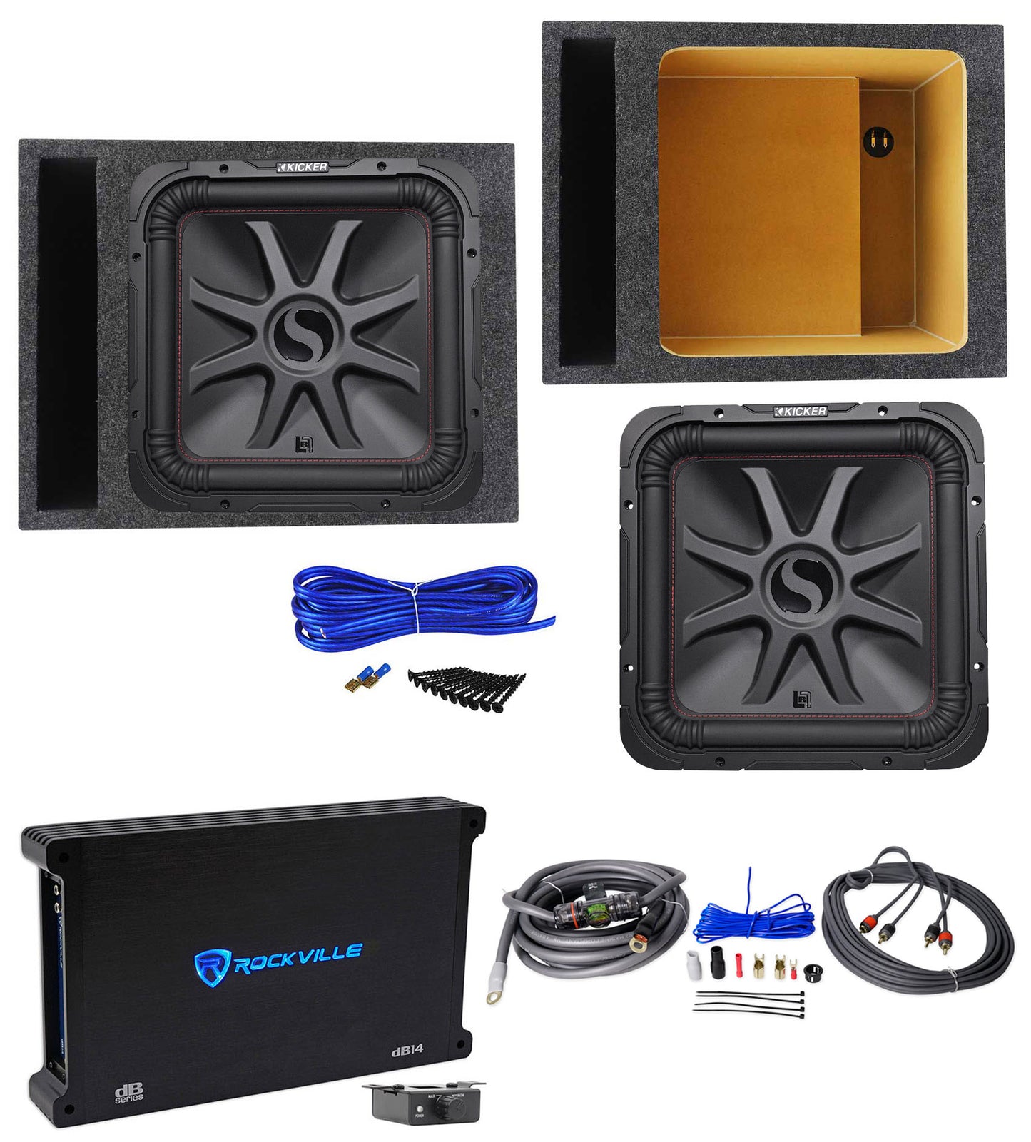 KICKER 45L7R154 15" 1800 Watt L7R Car Subwoofer+Vented Box+Mono Amplifier+Wires