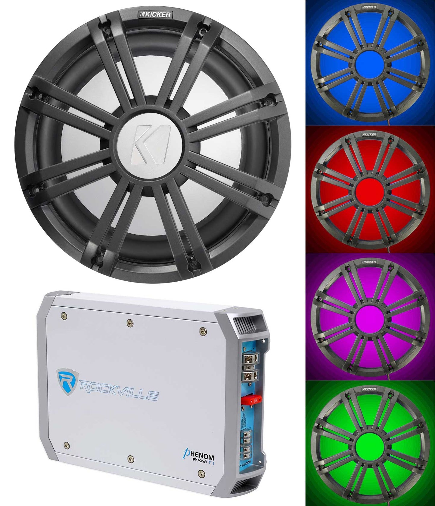 KICKER 45KM104 10" 350w Marine Boat Subwoofer+Amplifier+Charcoal Grille w/LED's