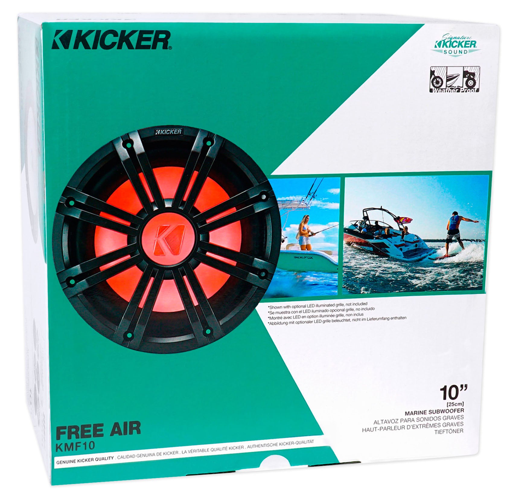 KICKER 45KMF104 10" Free Air Marine Subwoofer+Amp+White Grille w/LED's+Remote