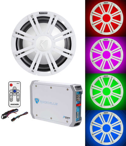 KICKER 45KMF104 10" Free Air Marine Subwoofer+Amp+White Grille w/LED's+Remote
