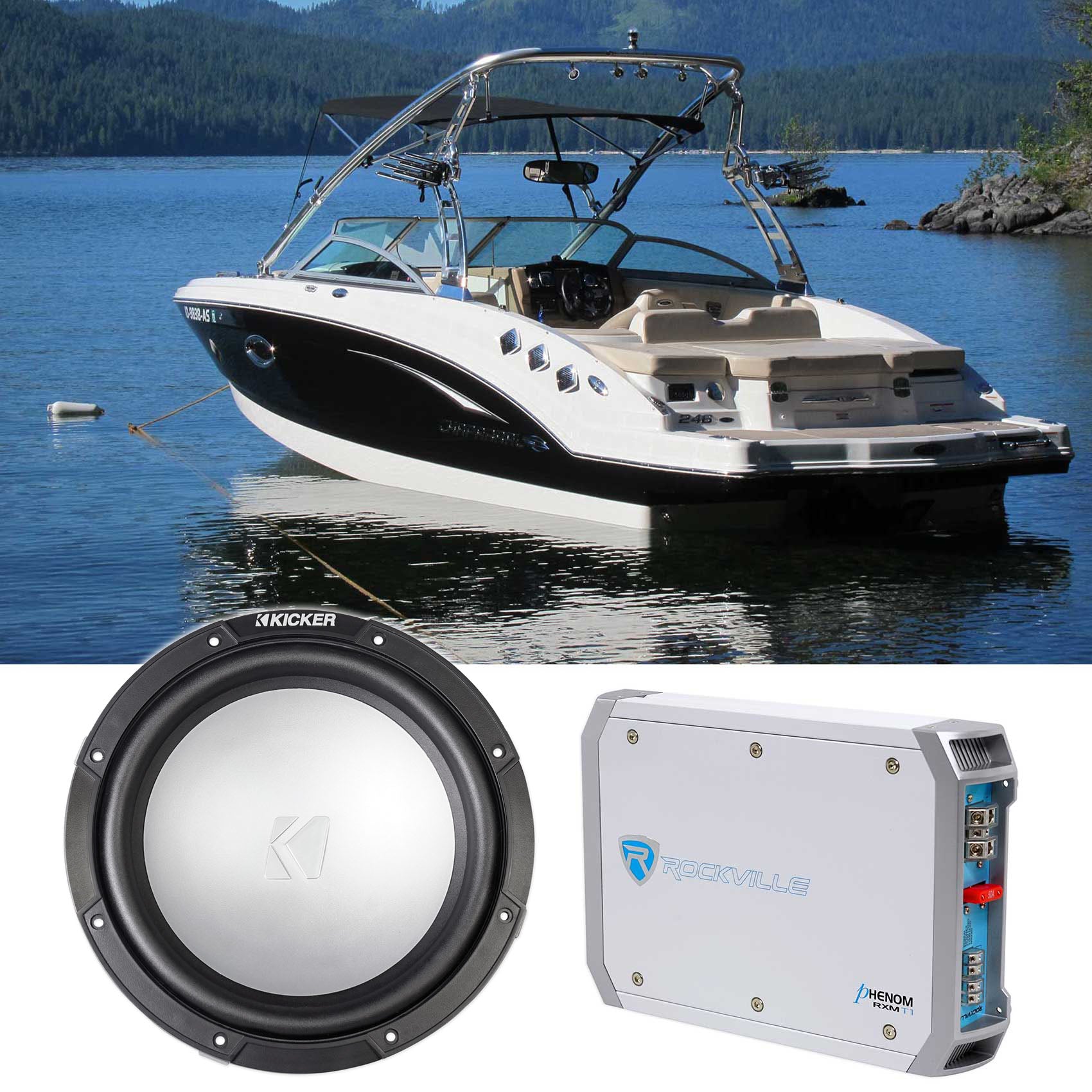 KICKER 45KMF104 10" Free Air Marine Subwoofer + Amplifier SVC 4-ohm Sub KMF10
