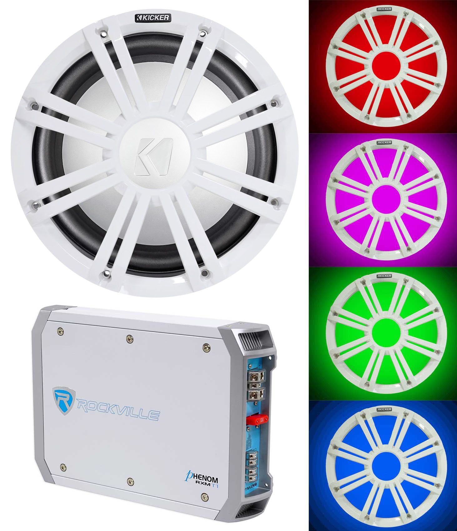 KICKER 45KMF104 10" Free Air Marine Subwoofer Sub+Amplifier+White Grille w/LED's