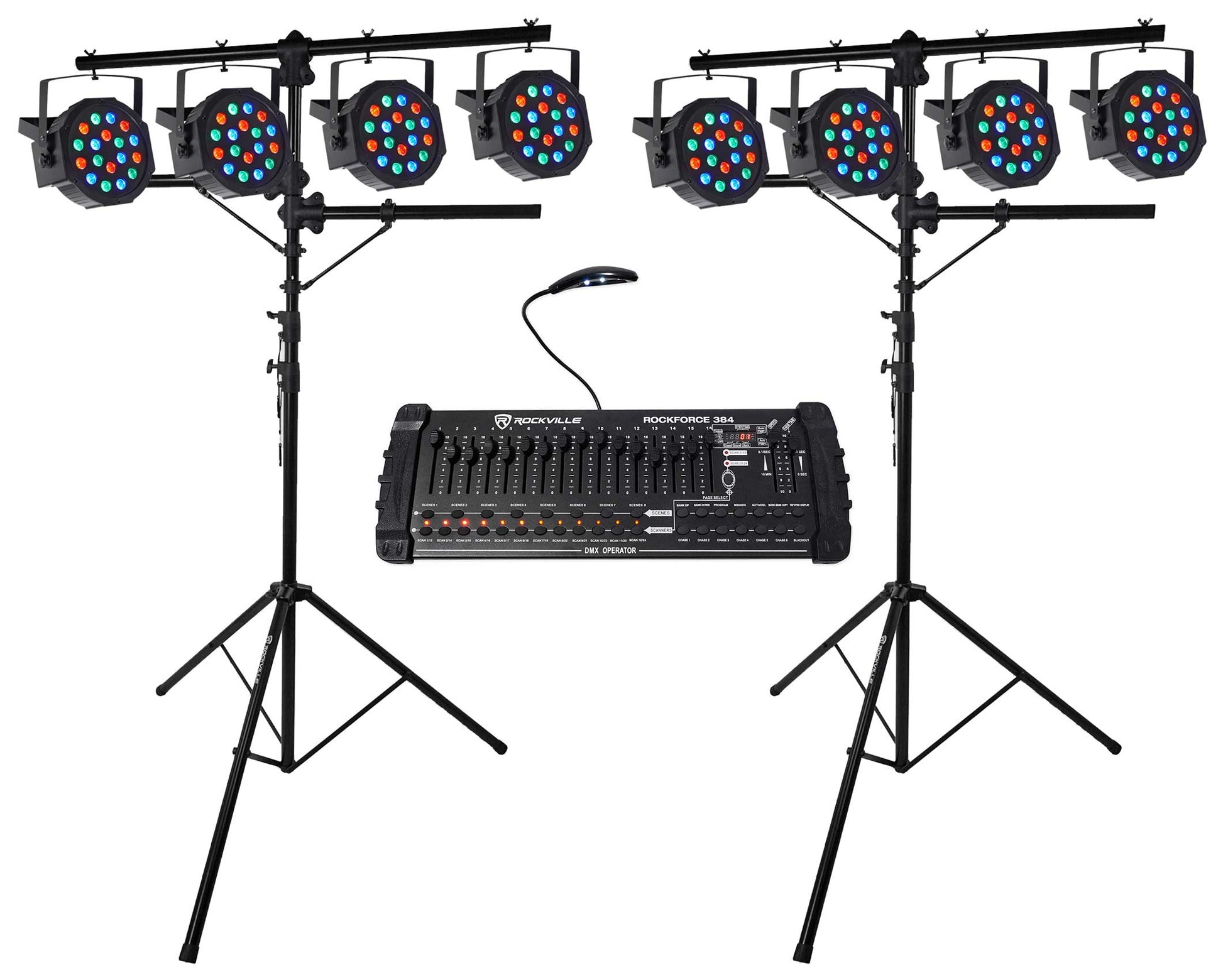 RVLS1 Lighting Tree Stand 2-Pack + RockPAR50 8-Pack + ROCKFORCE 384 Bundle