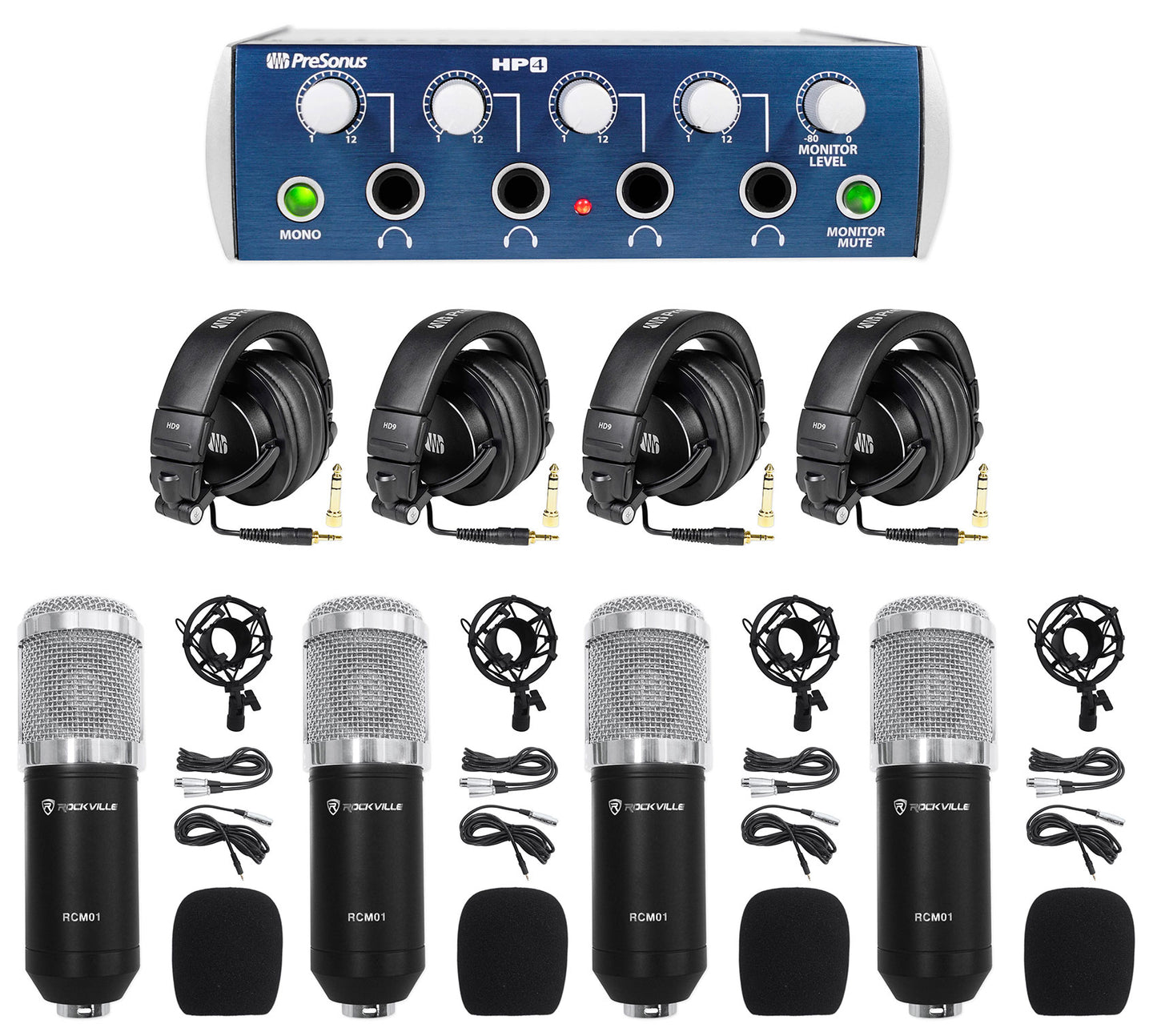 PRESONUS HP4 Headphone Amplifier+ (4) HD9 Studio Headphones + (4) Recording Mics