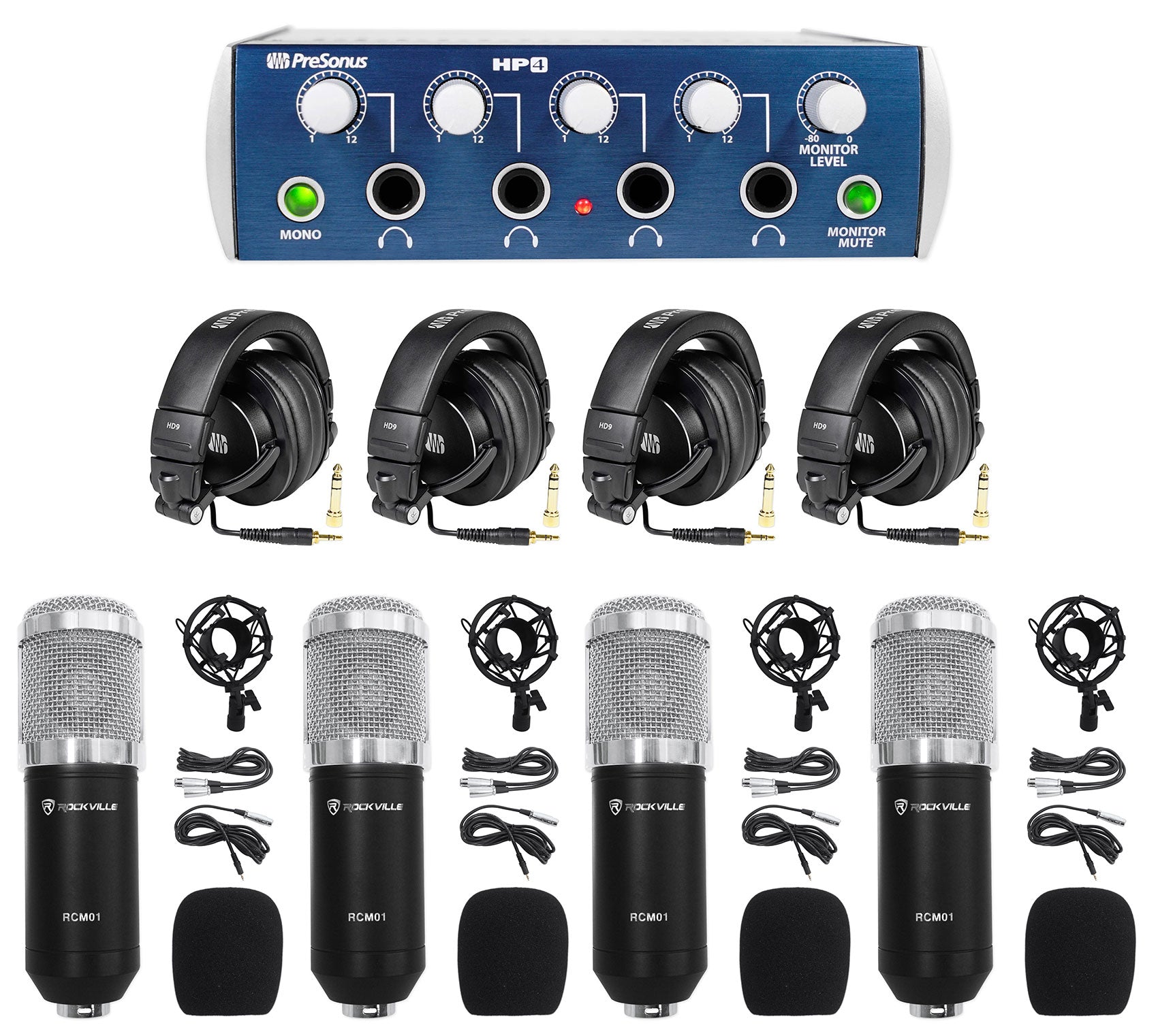 PRESONUS HP4 Headphone Amplifier+ (4) HD9 Studio Headphones + (4) Recording Mics