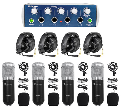 PRESONUS HP4 Headphone Amplifier+ (4) HD9 Studio Headphones + (4) Recording Mics