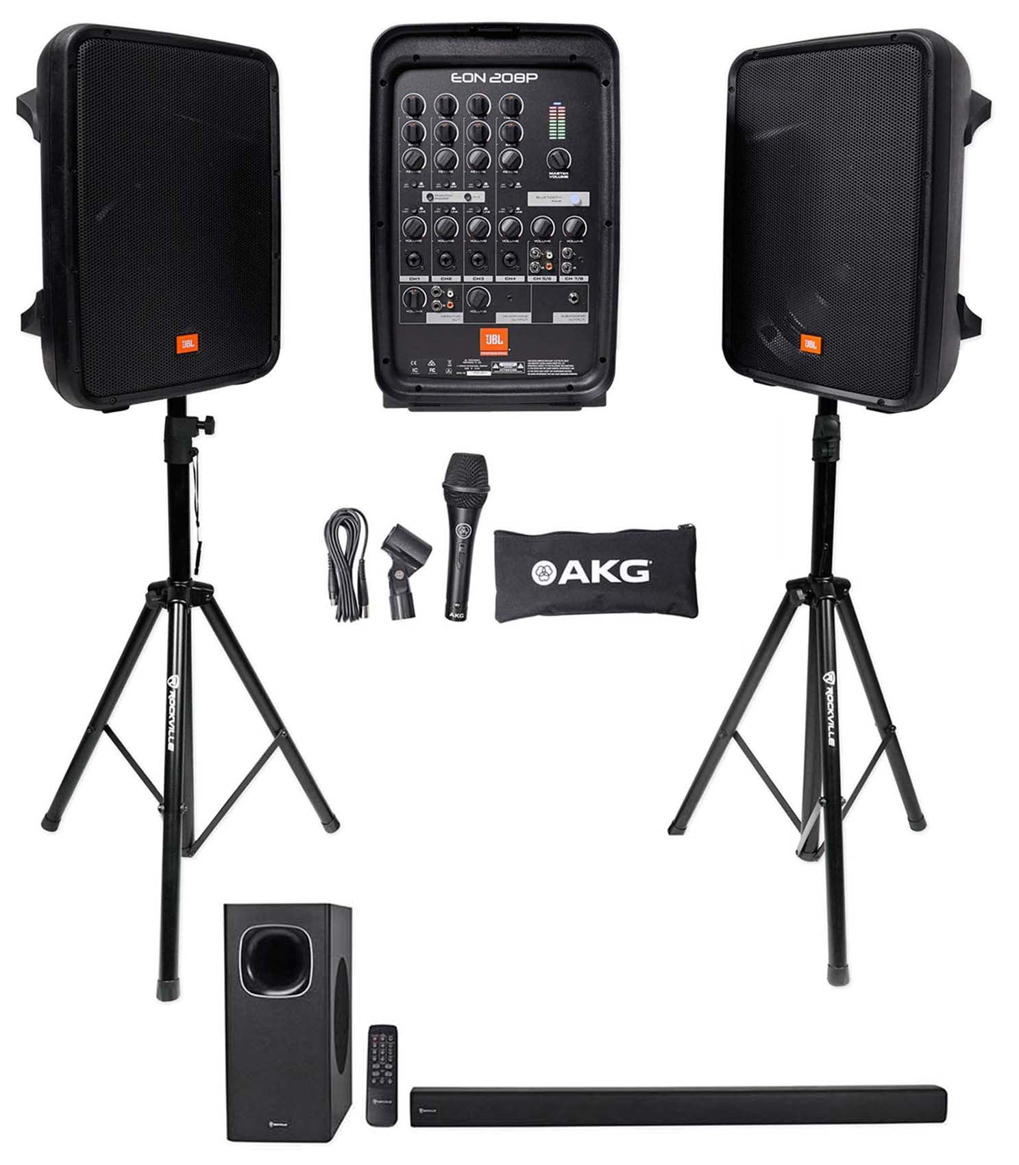 JBL EON208P Portable PA System w/8" Speakers+Mixer w/Bluetooth+Stands+Soundbar