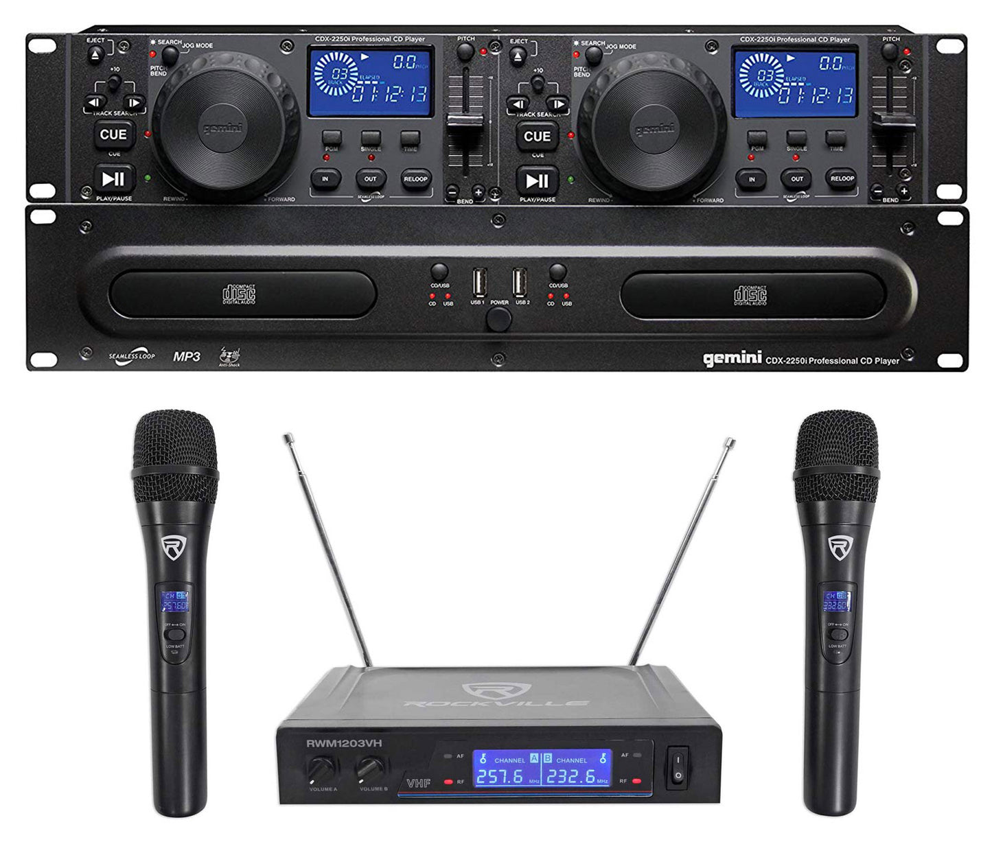Gemini CDX-2250i DJ Dual Two Deck CD/MP3 Media Player+Dual Wireless Mics