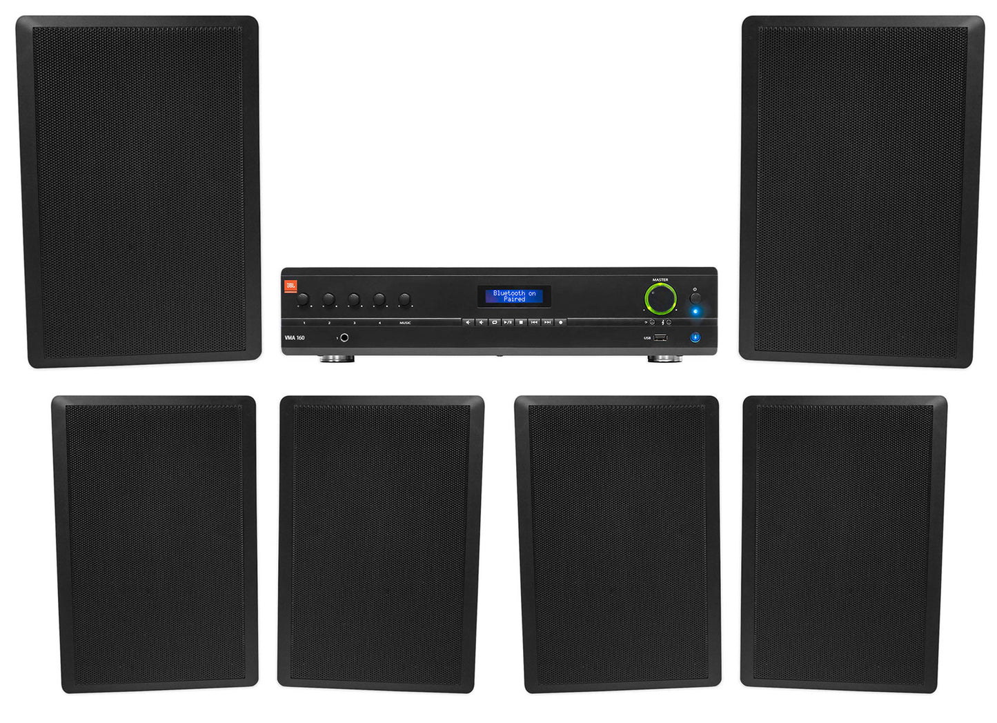 JBL Commercial Amplifier+(6) Slim Black Wall Speakers for Restaurant/Bar/Cafe