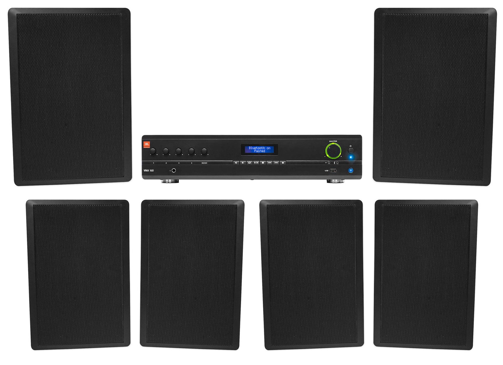 JBL Commercial Amplifier+(6) Slim Black Wall Speakers for Restaurant/Bar/Cafe