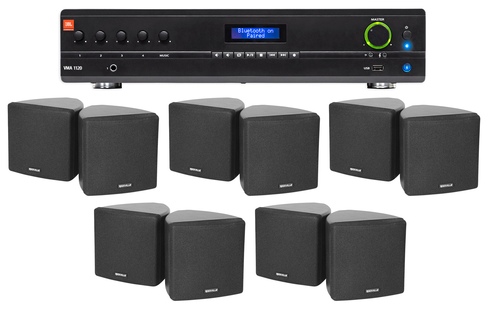 JBL Commercial Amplifier+(10) 3.5" Black Cube Speakers for Restaurant/Bar/Cafe