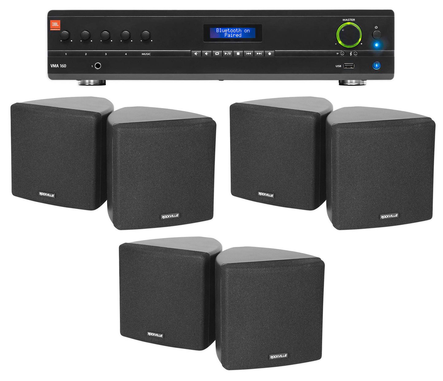 JBL Commercial Amplifier+(6) 3.5" Black Cube Speakers for Restaurant/Bar/Cafe
