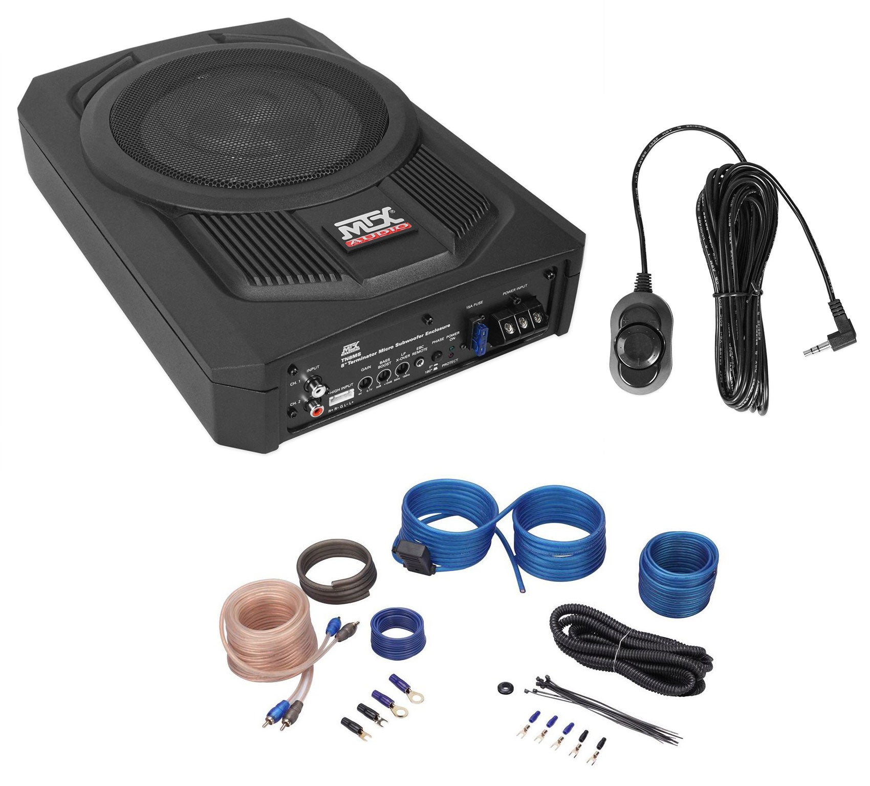 MTX TN8MS 8" 200w Slim Under-Seat Powered Car/Truck Subwoofer Sub+Remote+Amp Kit