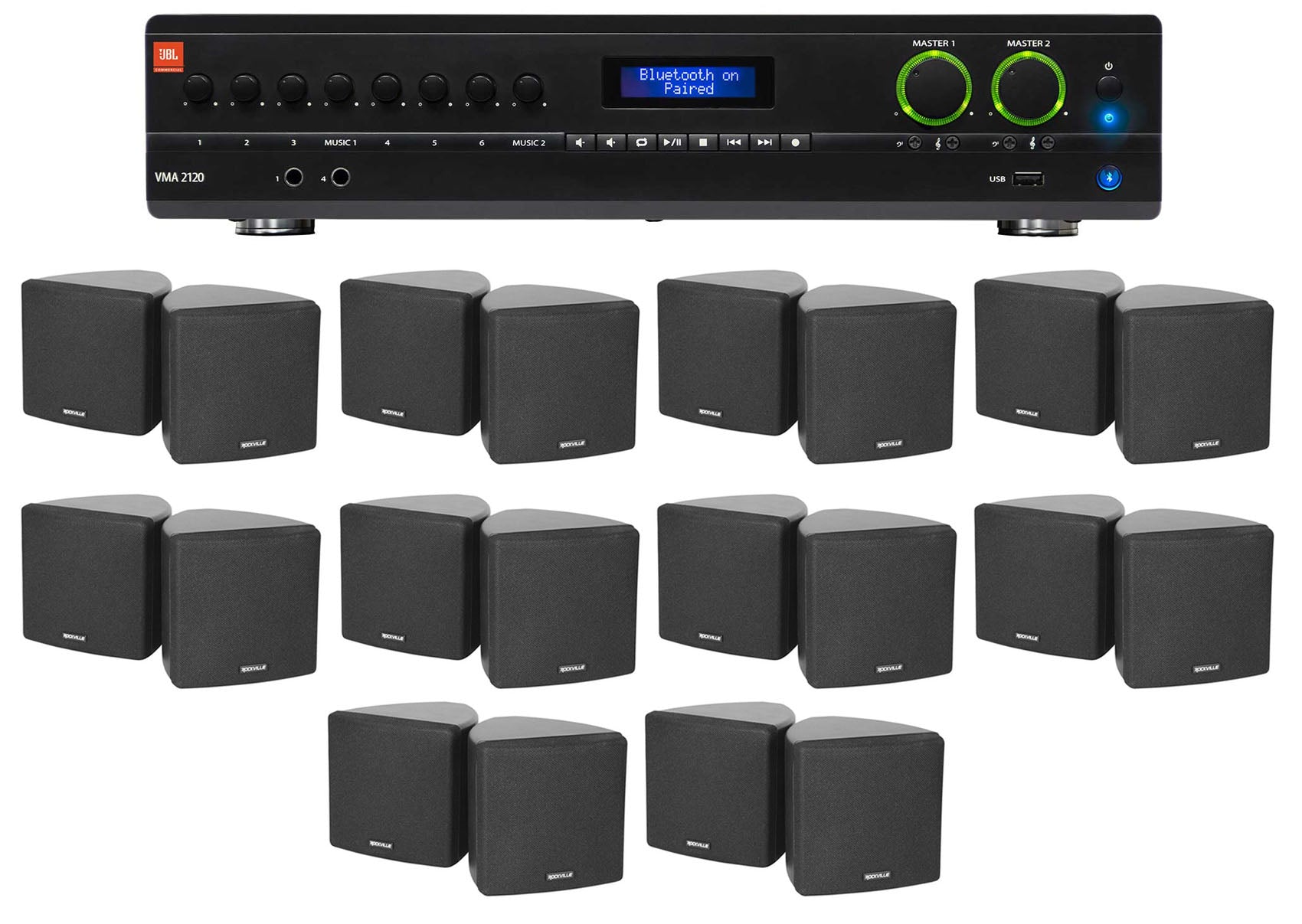 JBL 2-Channel Amplifier+(20) 3.5" Black Cube Speakers for Restaurant/Bar/Cafe