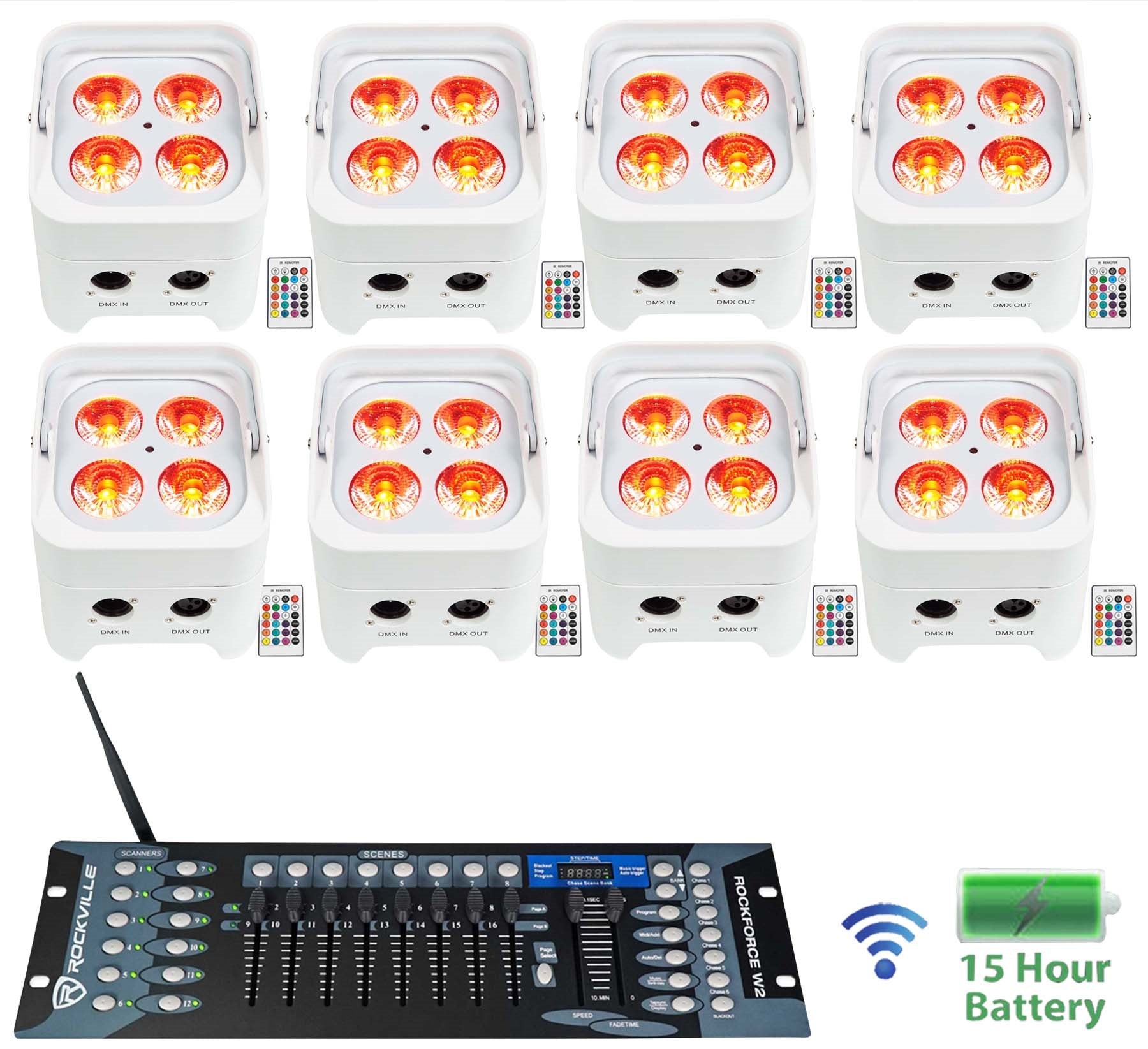 BEST PAR 50 White 8-Pack + ROCKFORCE W2 Controller Bundle