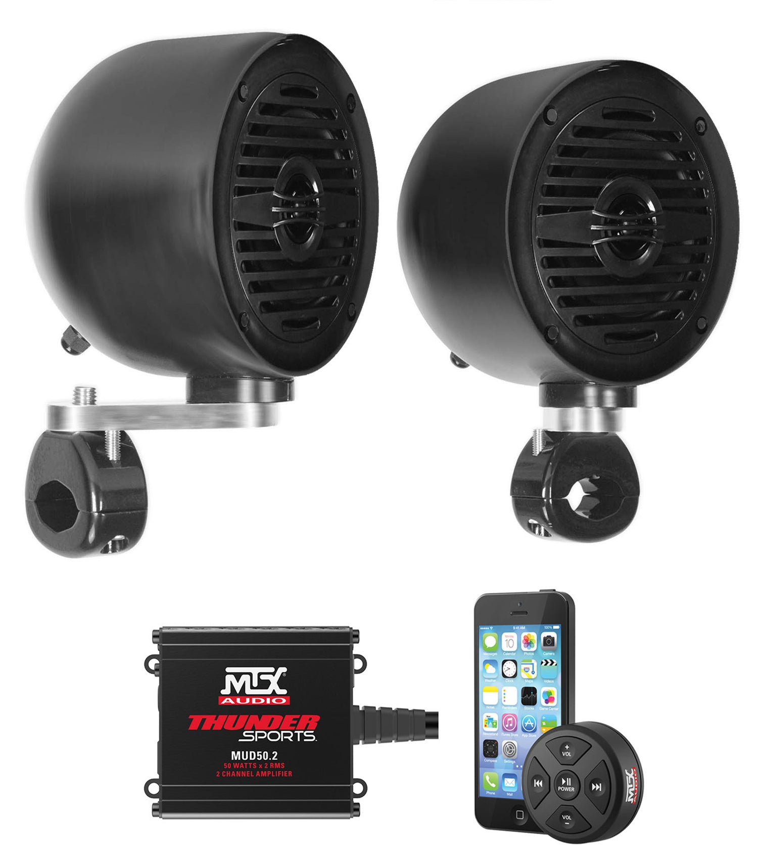 MS40B Black 4" Marine Speakers + MUD50.2 Amp + MUDBTRC + MAC40B Pods Bundle
