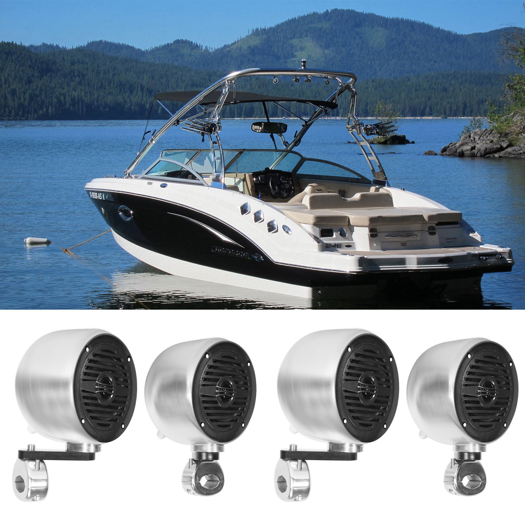MS40B Black 4" Marine Speakers 2-Pack + MAC40S Chrome Pods Bundle