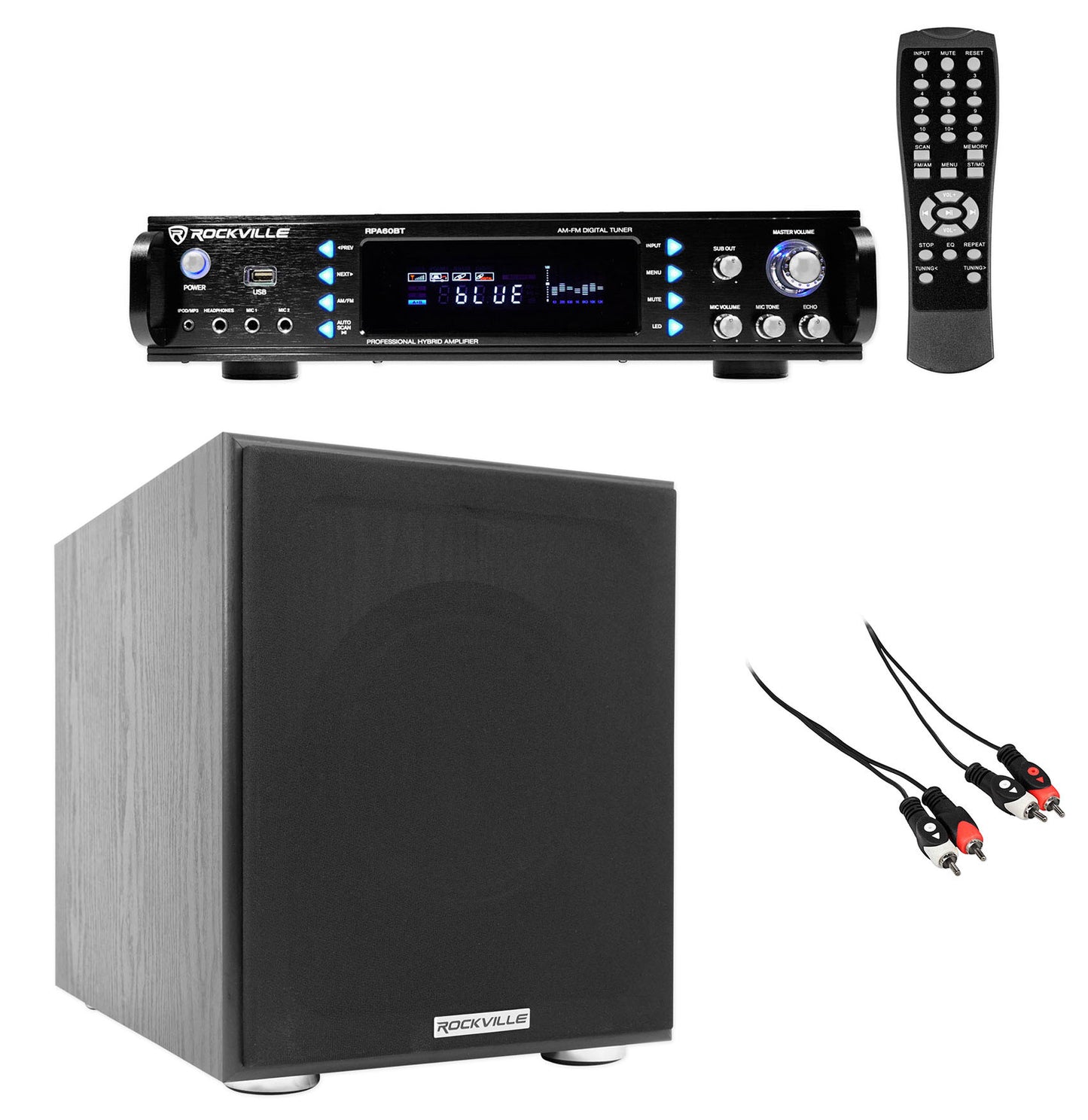 RPA60BT Receiver + Rock Shaker 8 Black Subwoofer Bundle
