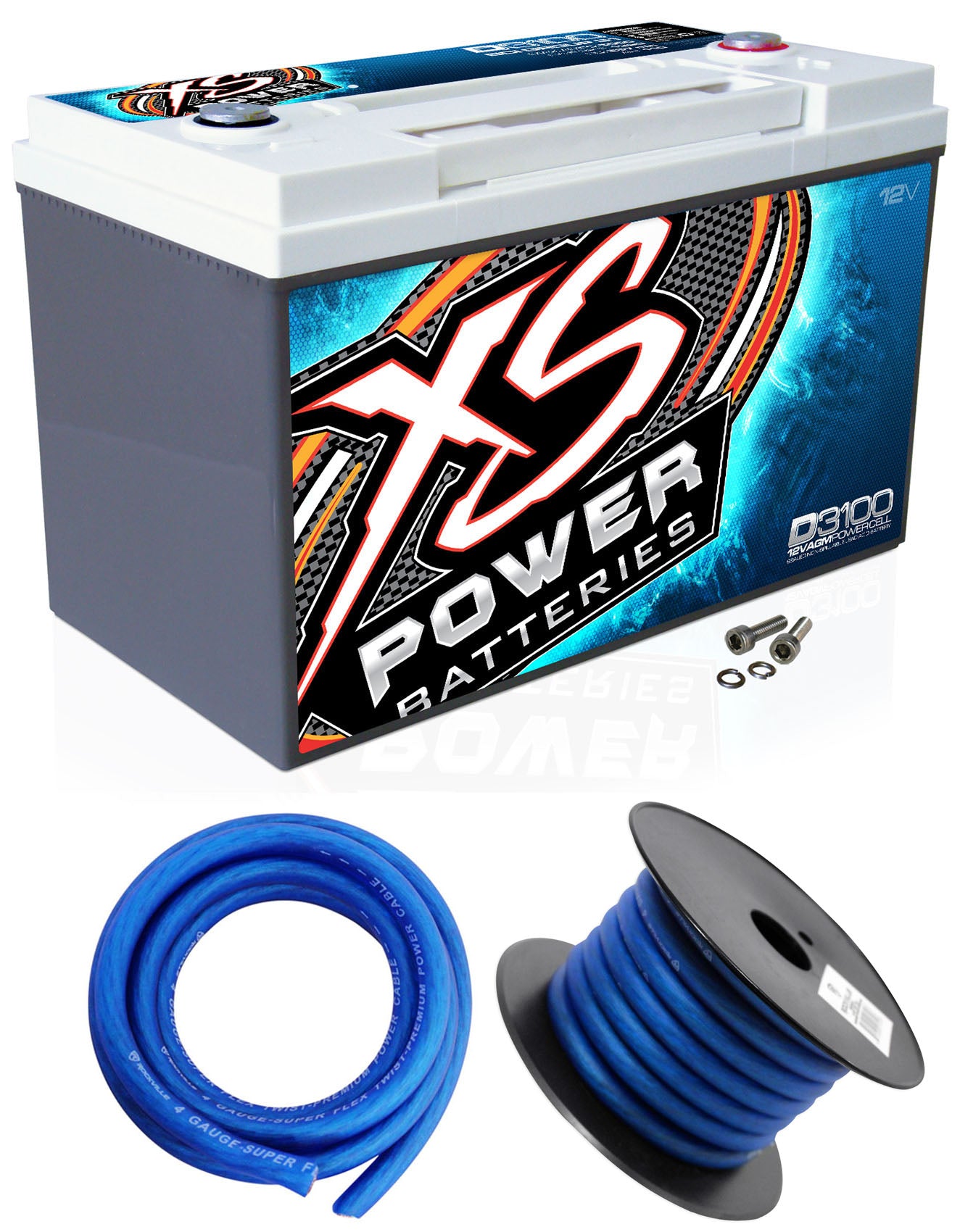 XS Power D3100 5000 Amp Power Cell Car Battery + Hardware + Power/Ground Wires