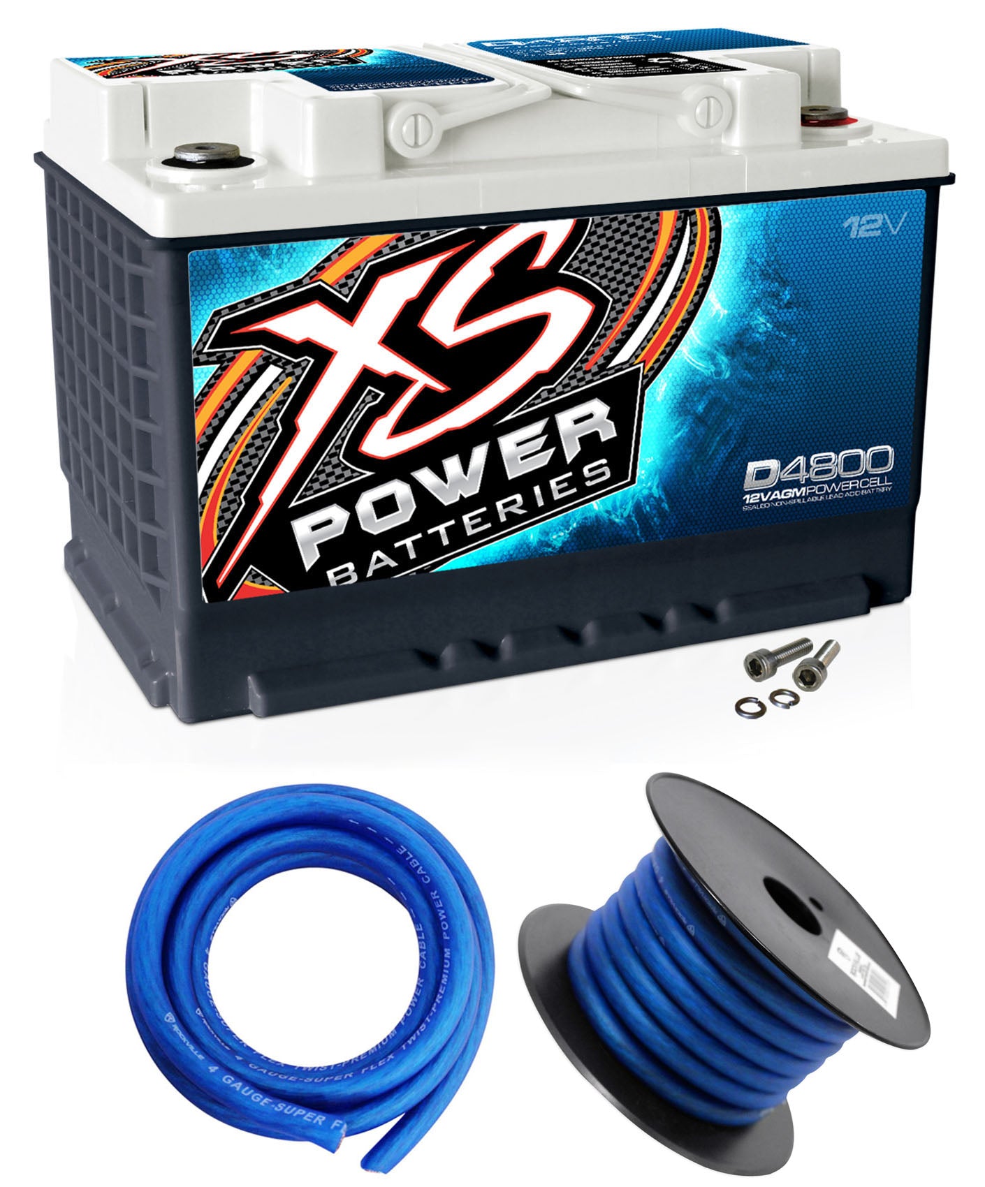 XS Power D4800 3000 Amp 12V Group 48 Car Audio Sealed Battery+Power/Ground Wires