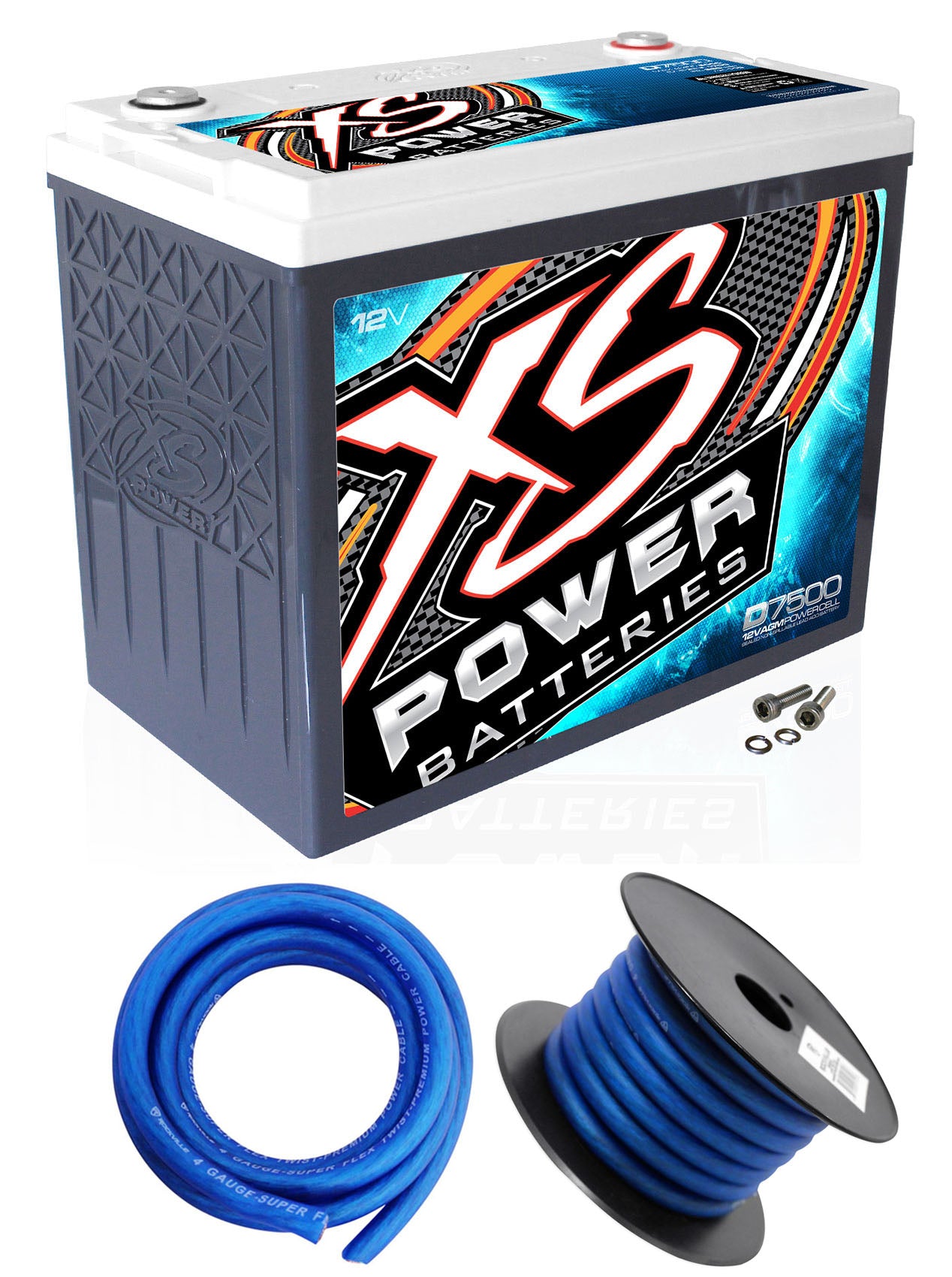 XS Power D7500 6000 Amp 12 Volt Car Audio Sealed AGM Battery+Power/Ground Wires