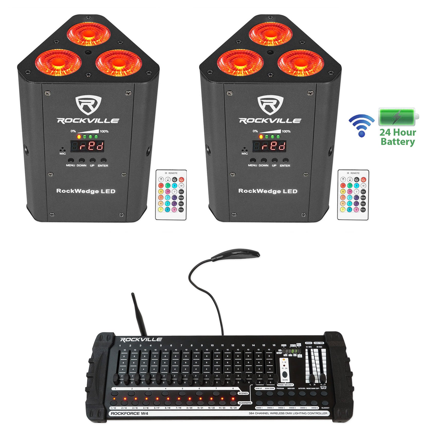 RockWedge LED 54W RGBWA+UV 2-Pack + ROCKFORCE W4 Controller Bundle