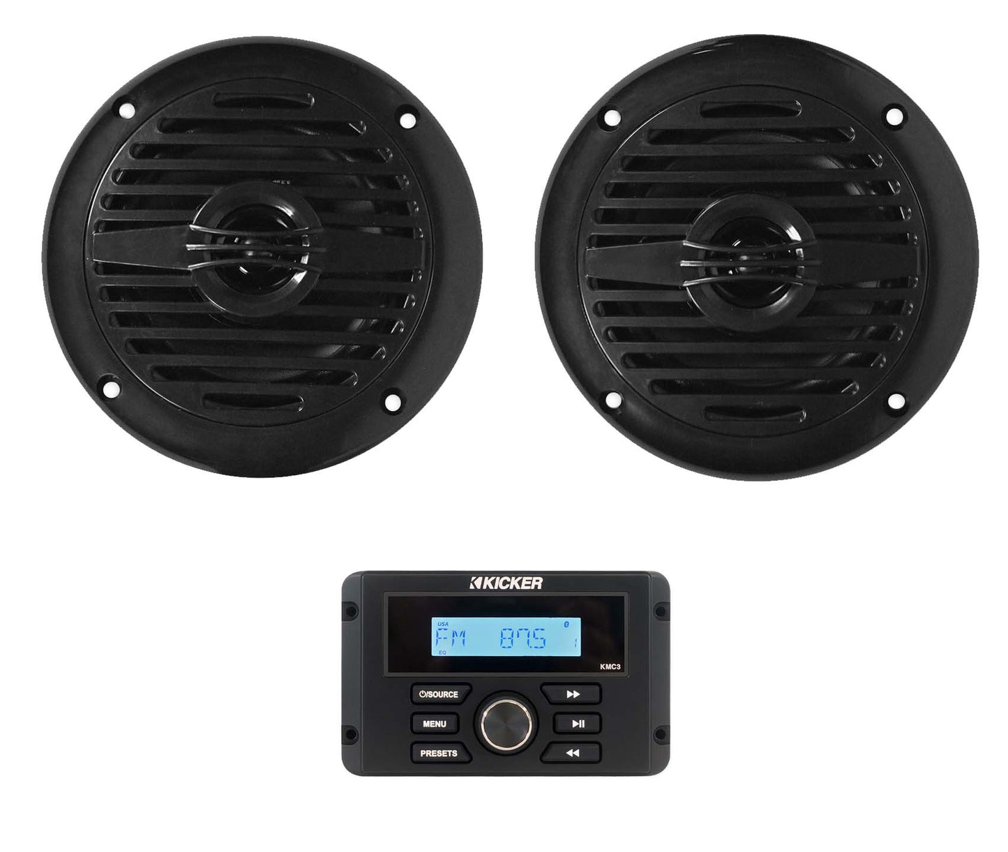 KICKER KMC3 Gauge Hole Digital Media Receiver w/Bluetooth+(2) 4" Black Speakers