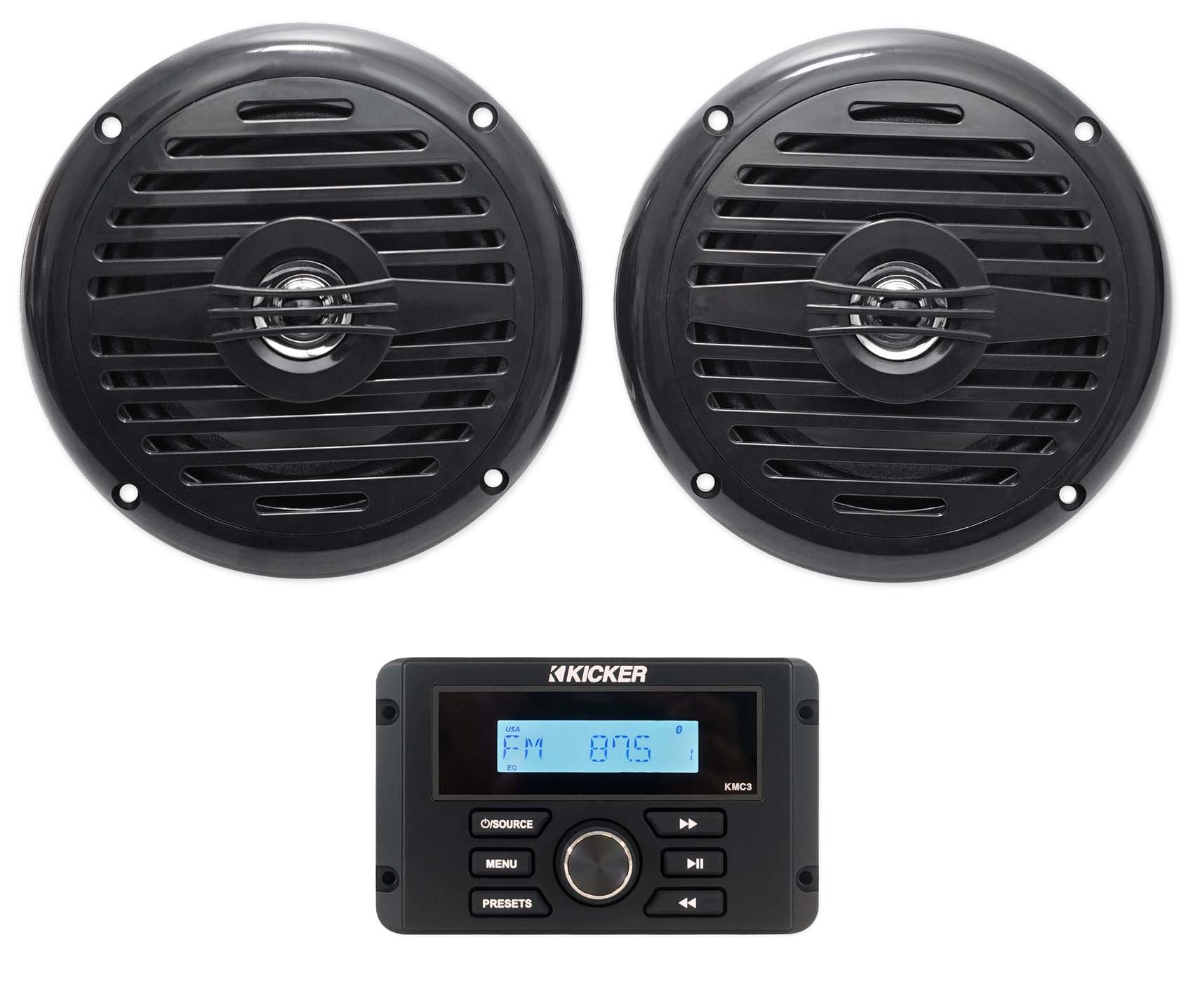 KICKER KMC3 Gauge Hole Digital Media Bluetooth Receiver+(2) 5.25" Black Speakers
