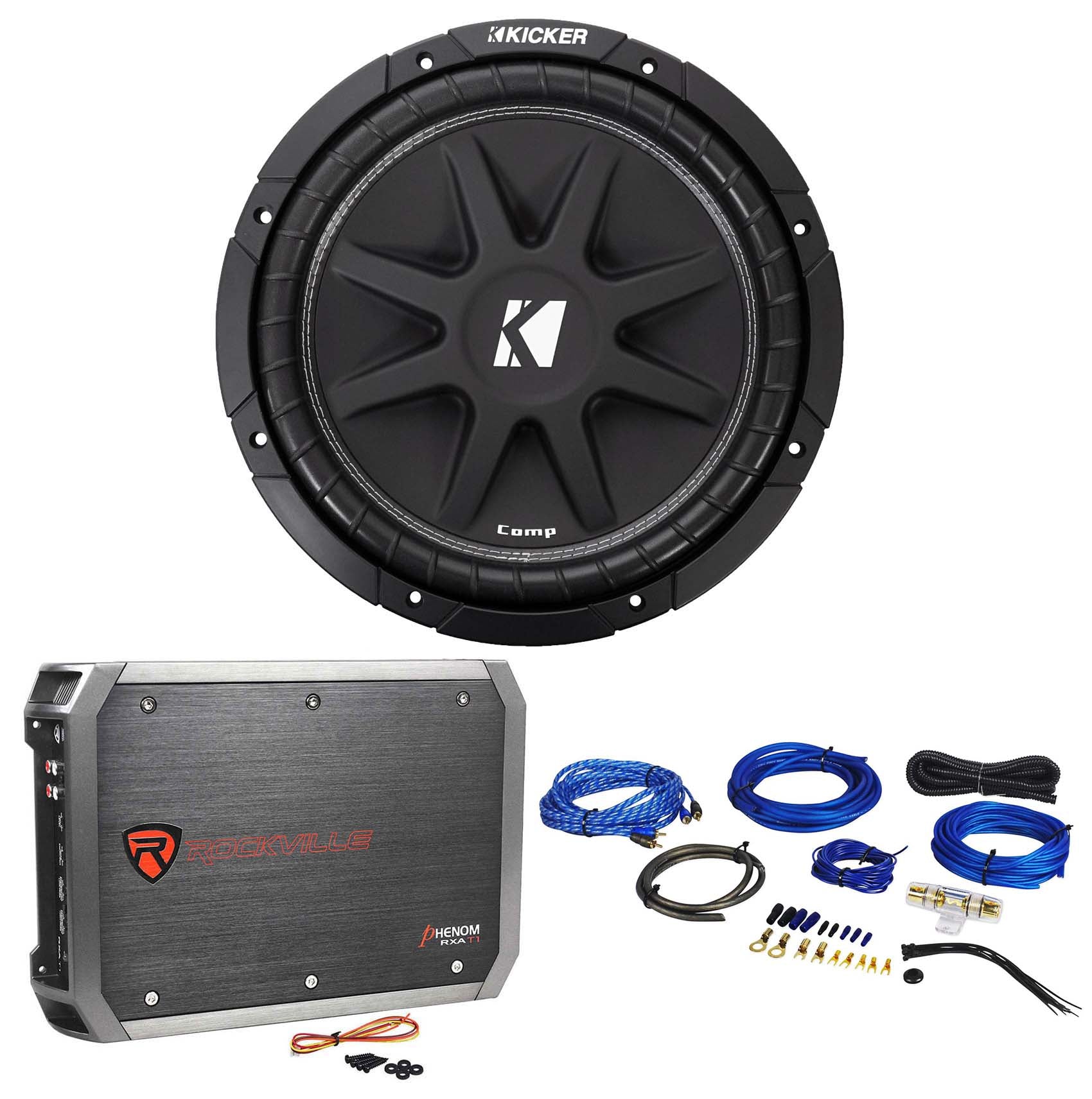 KICKER 43C124 Comp 12" 300 Watt SVC 4-Ohm Car Subwoofer Sub+Amplifier+Amp Kit