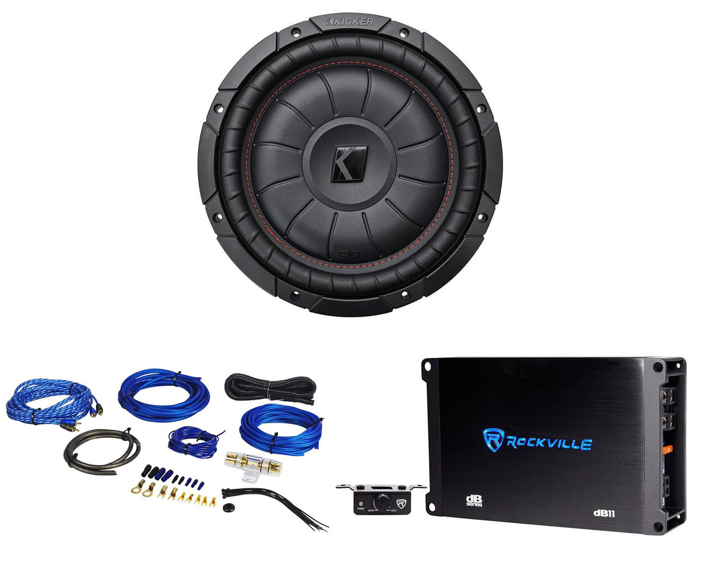 Kicker 43CVT102 COMPVT 10" 800w Slim Shallow Subwoofer+Mono Amplifier+Amp Kit