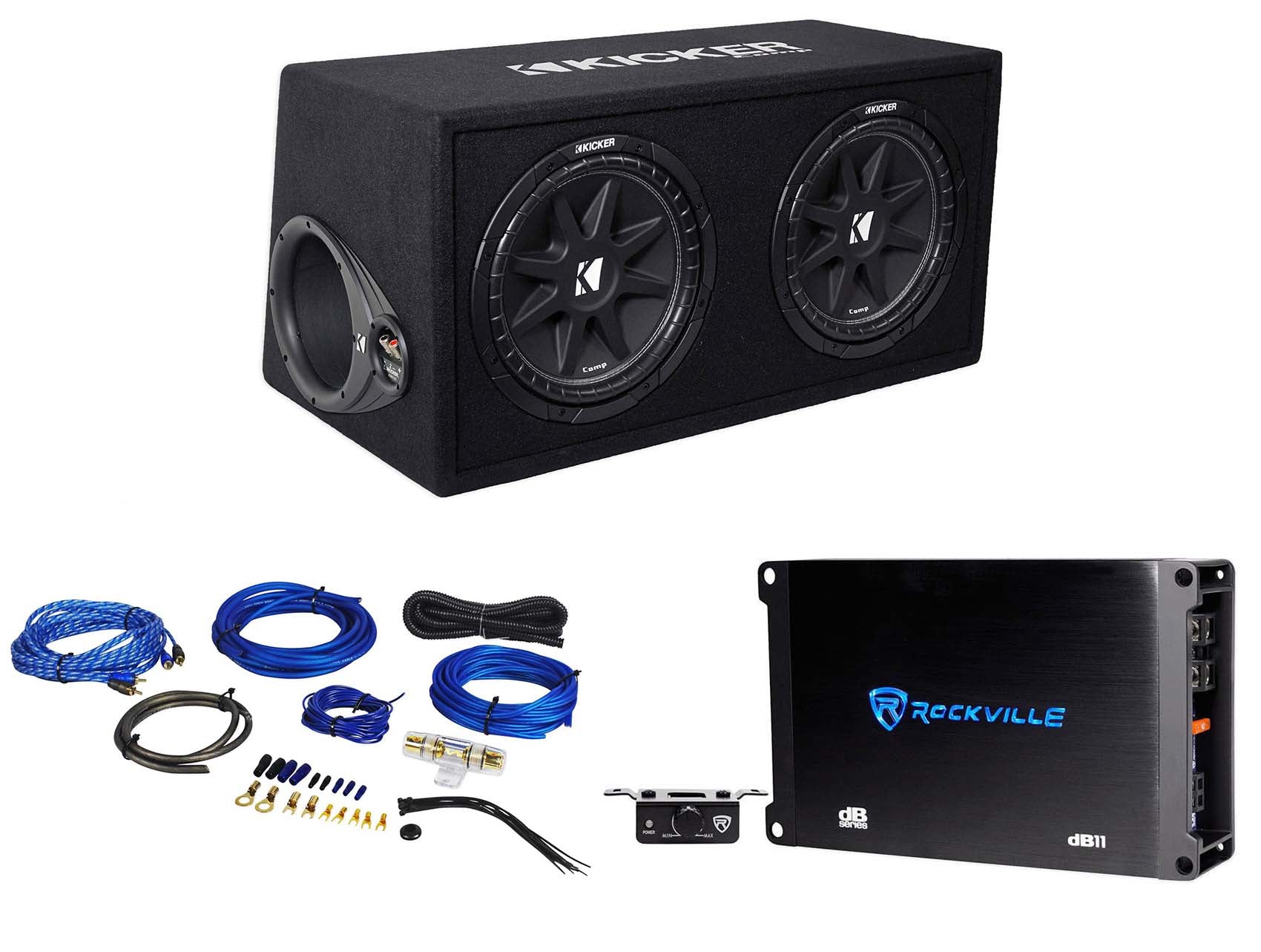 KICKER 43DC122 Comp Dual 12" Subwoofers+Vented Box+Mono Amplifier+Amp Wire Kit