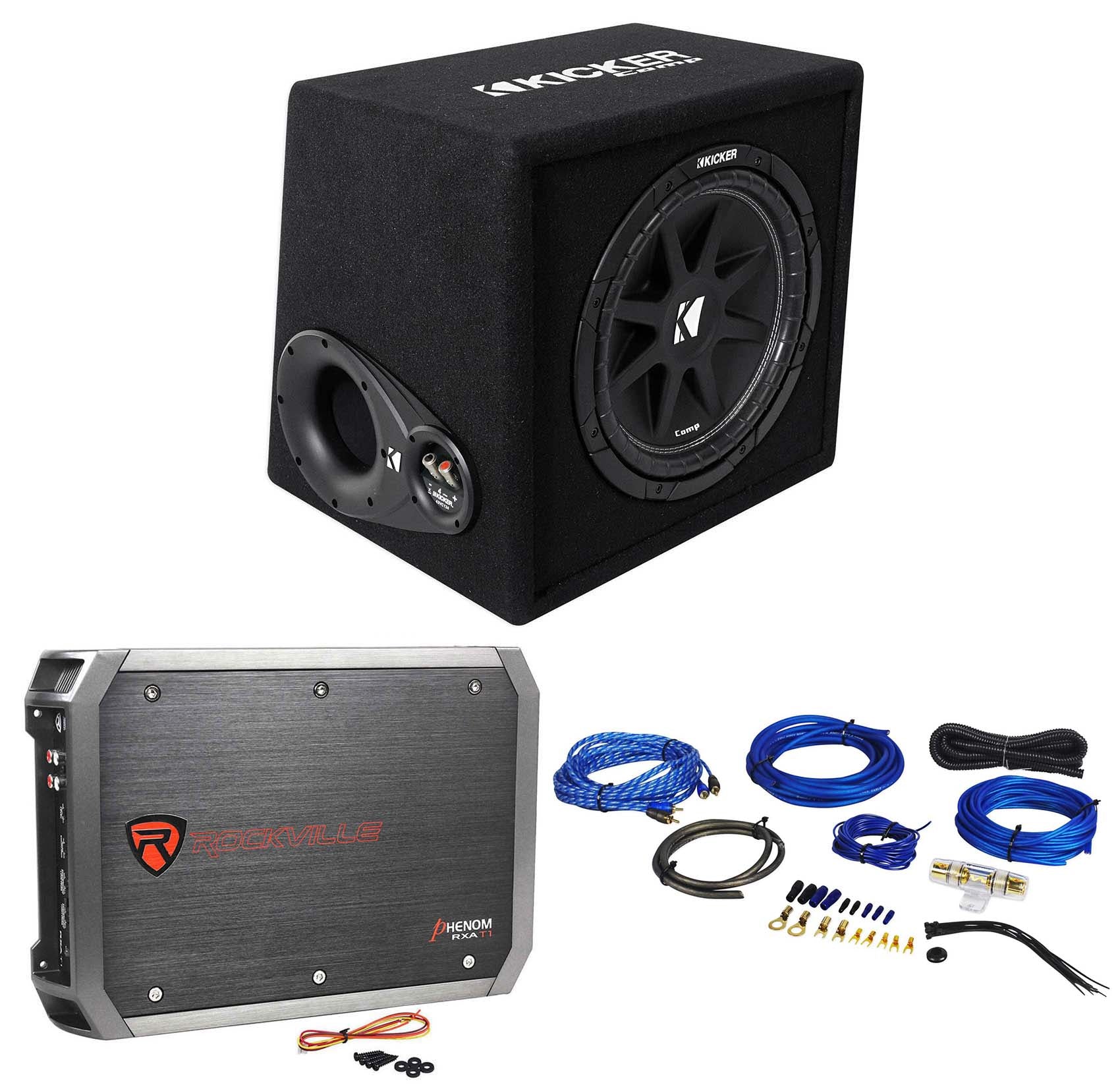 KICKER 43VC124 Comp 12" Subwoofer In Vented Sub Box Enclosure+Amplifier+Amp Kit