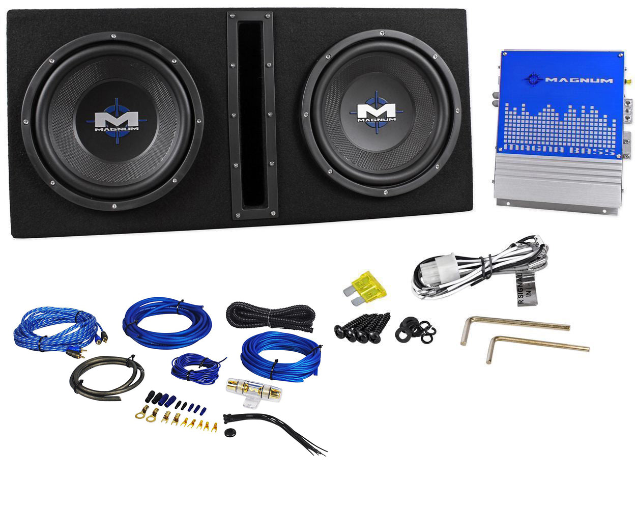 MTX Magnum MB210SP 800w Dual 10” Subwoofers+Vented Sub Box/Amp Package+Amp Kit
