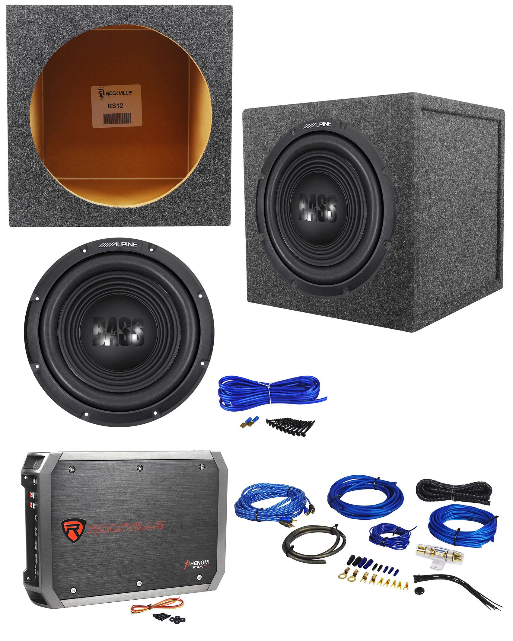 Alpine W12S4 12" 750w Car Subwoofer+Sealed Sub Box Enclosure+Amplifier+Amp Kit
