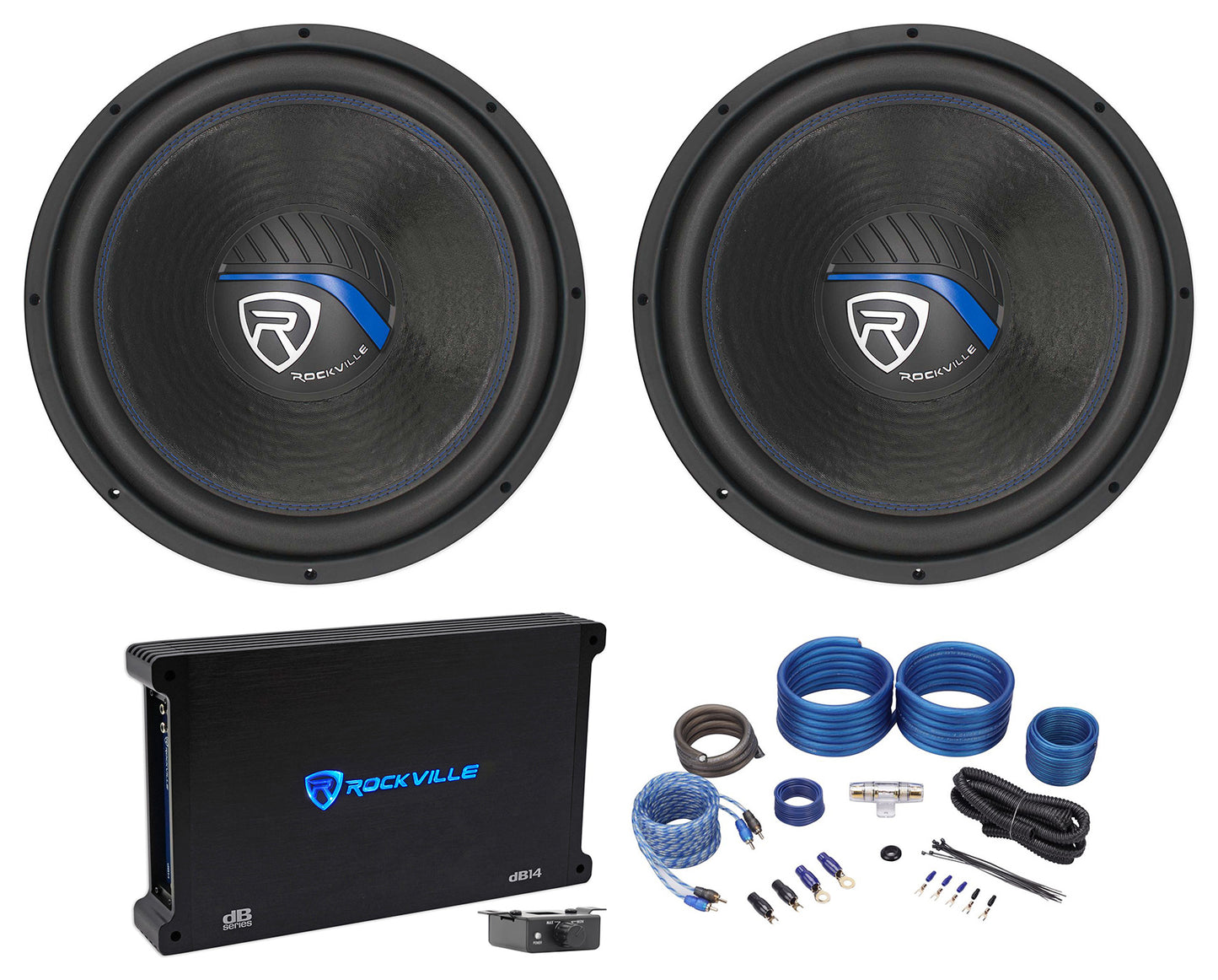 Rockville W15K5S4 2-Pack + dB14 Mono Amplifier + RWK41 Kit Bundle