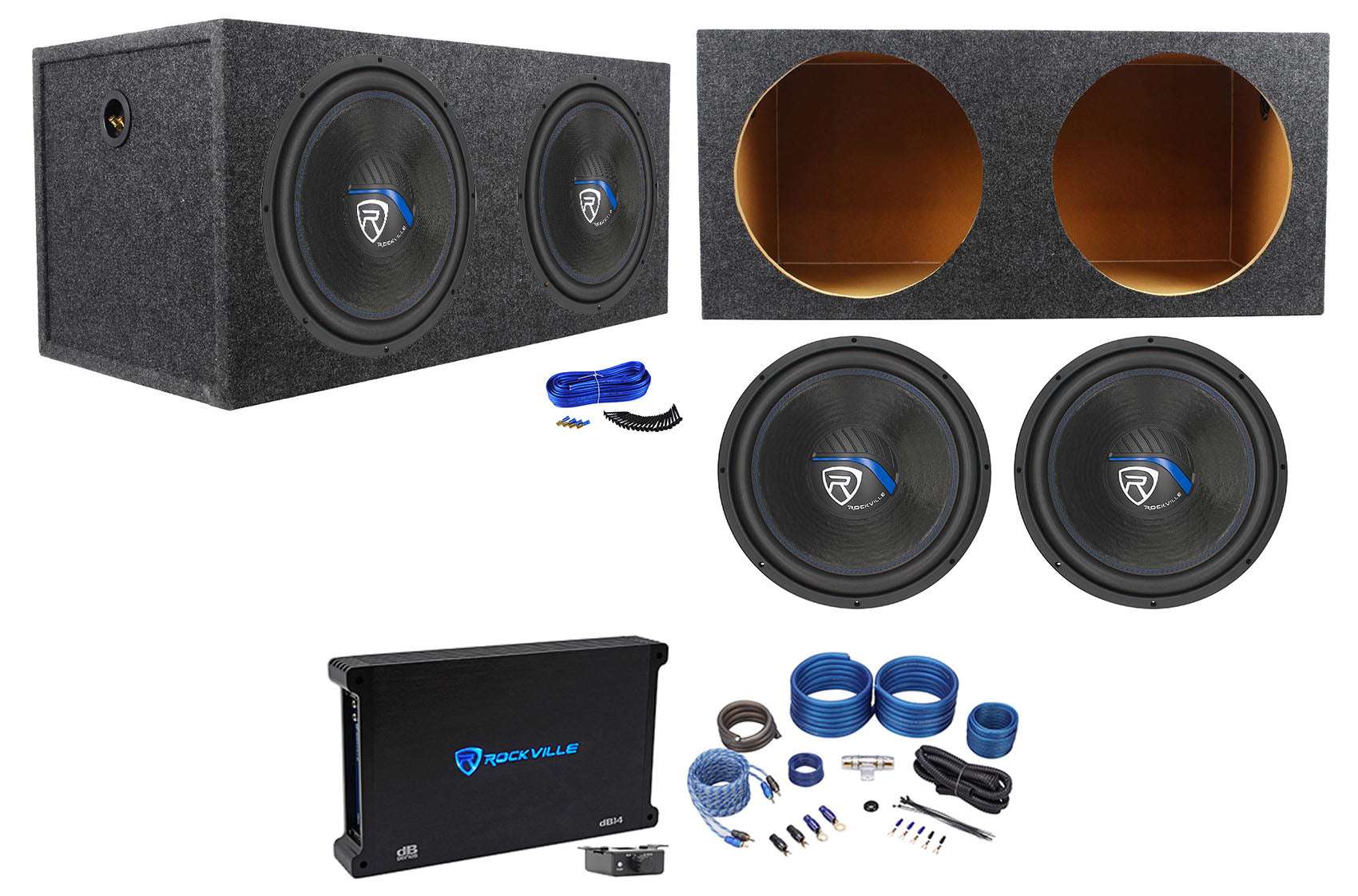 Rockville W15K5S4 2-Pack + dB14 Amp + RWK41 + RD15 Enclosure Bundle