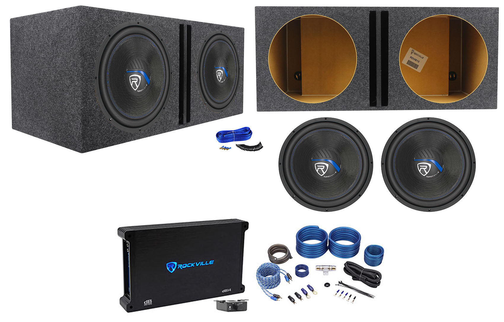 Rockville W15K5S4 2-Pack + dB14 Amp + RWK41 + RDVB15 Vented Bundle