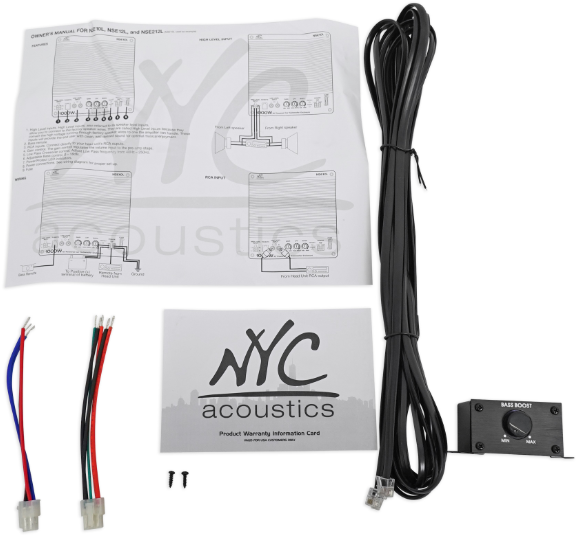 Accessories for NSE12L/ NSE10L: x1 Bass Remote, x1 Cable, x2 Wire Harnesses, x2 screws