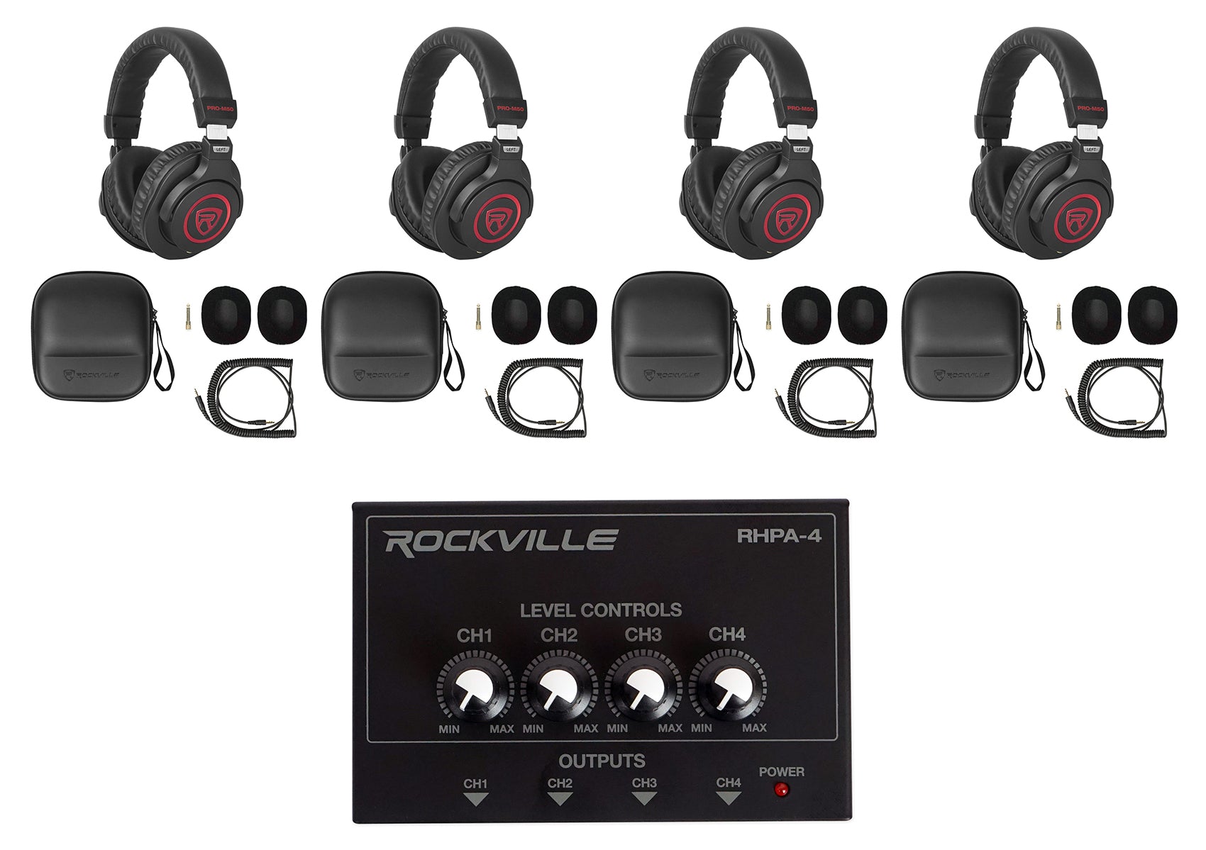 PRO‑M50 SR Headphones 4-Pack + RHPA4 Headphone Amplifier Bundle